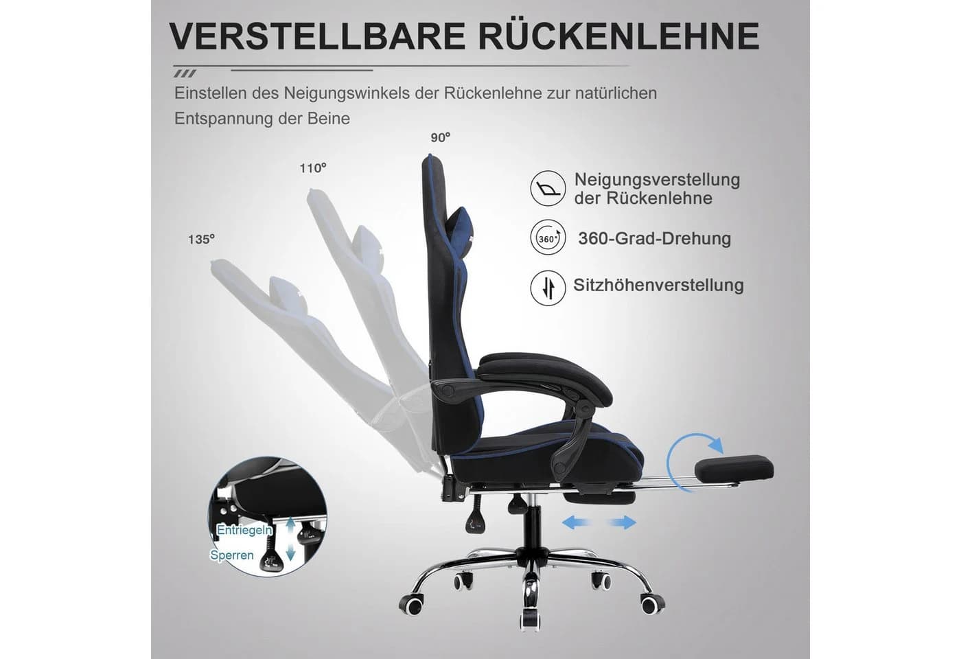 GTPLAYER Gaming-Stuhl Bürostuhl mit Massagefunktion, Fußstütze, Kopfstütze - Bild 4