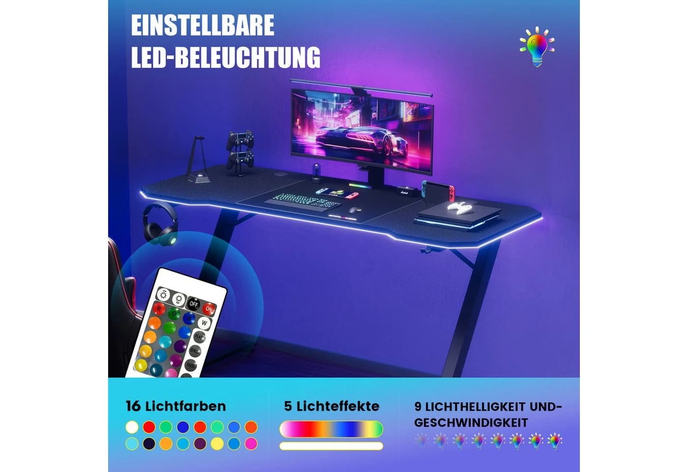 GTPLAYER Gamingtisch mit LED, USB-Anschlüssen und Kohlefaser-Oberfläche Schwarz