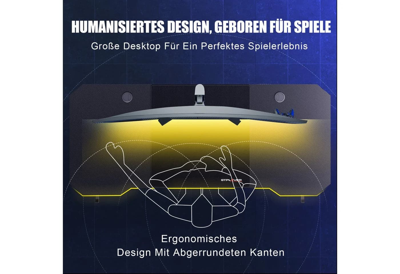 GTPLAYER Gamingtisch mit LED, USB-Anschlüssen und Kohlefaser-Oberfläche Schwarz - Bild 3