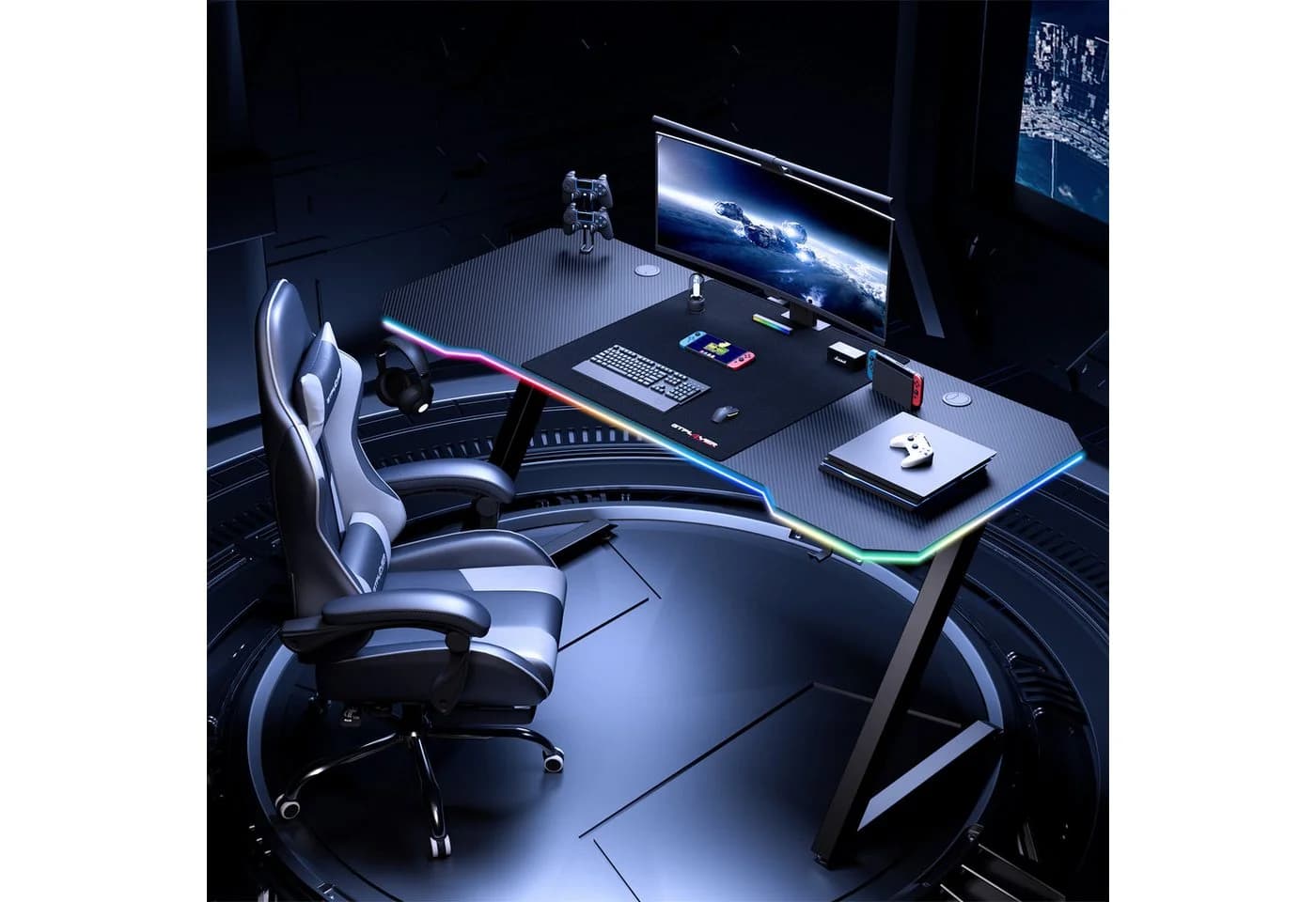 GTPLAYER Gamingtisch mit LED, USB-Anschlüssen und Kohlefaser-Oberfläche Schwarz - Bild 4