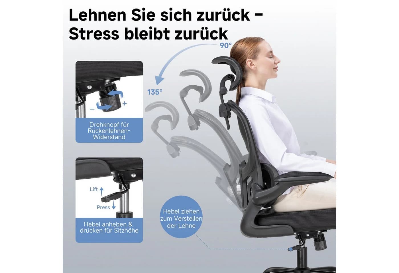 COMHOMA Bürostuhl Ergonomisch Schwarz mit Netzbezug - Bild 3