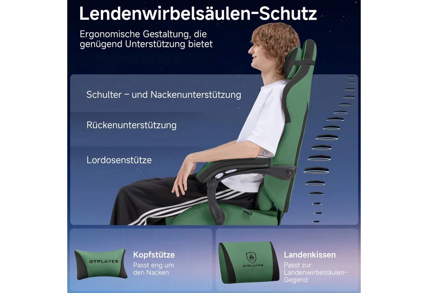 GTPLAYER Gaming-Stuhl Ergonomisch mit Stoffbezug und Fußstütze