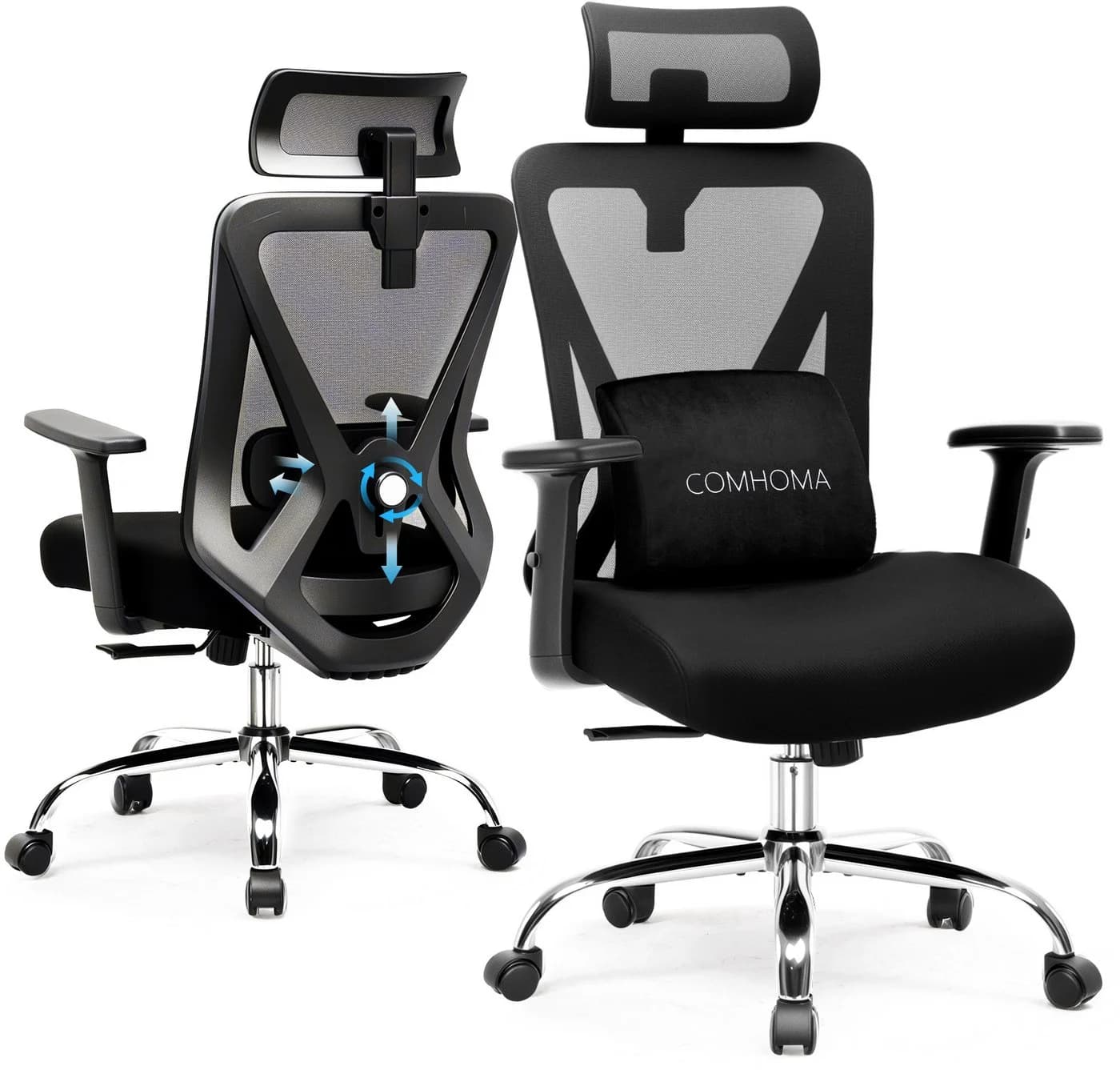 COMHOMA Bürostuhl Ergonomisch mit 3D Stütze & Kopfstütze Schwarz - Bild 2