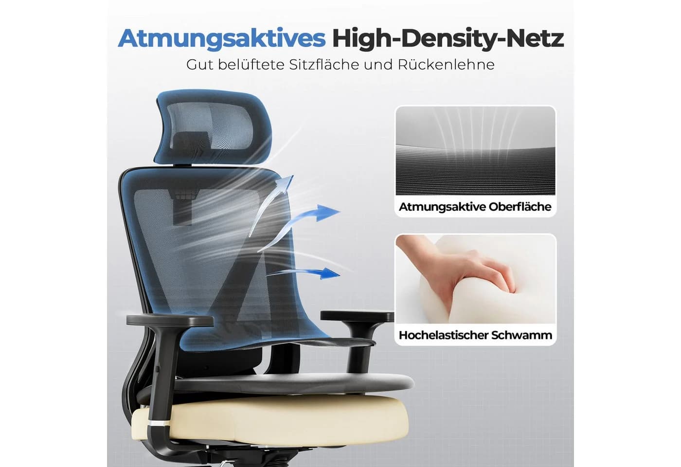 COMHOMA Bürostuhl Ergonomisch mit 3D Stütze & Kopfstütze Schwarz - Bild 3