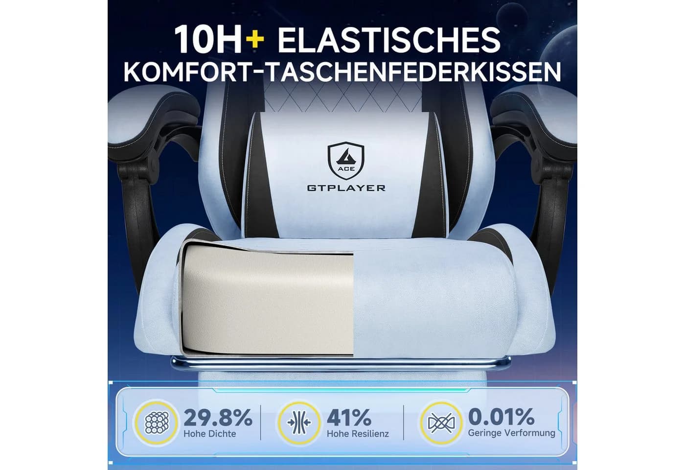 GTPLAYER Gaming-Stuhl hellblau Stoff mit Federsitzkissen und Fußstütze
