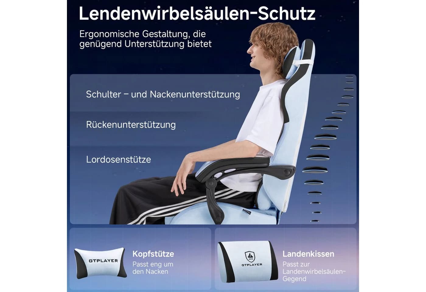 GTPLAYER Gaming-Stuhl hellblau Stoff mit Federsitzkissen und Fußstütze - Bild 3