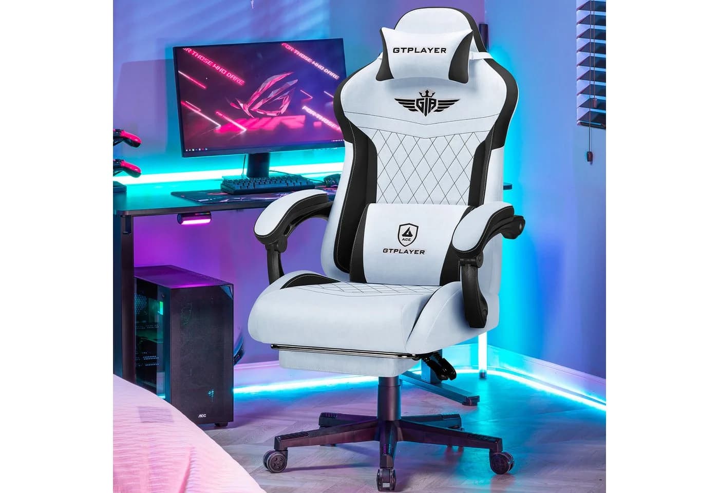 GTPLAYER Gaming-Stuhl hellblau Stoff mit Federsitzkissen und Fußstütze - Bild 5