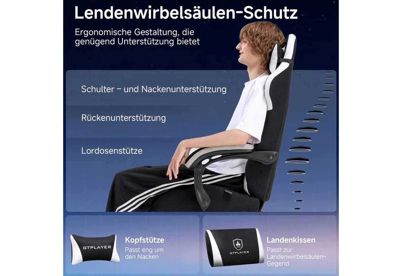 GTPLAYER Gaming-Stuhl Schwarz Stoff Ergonomisch mit Fußstütze