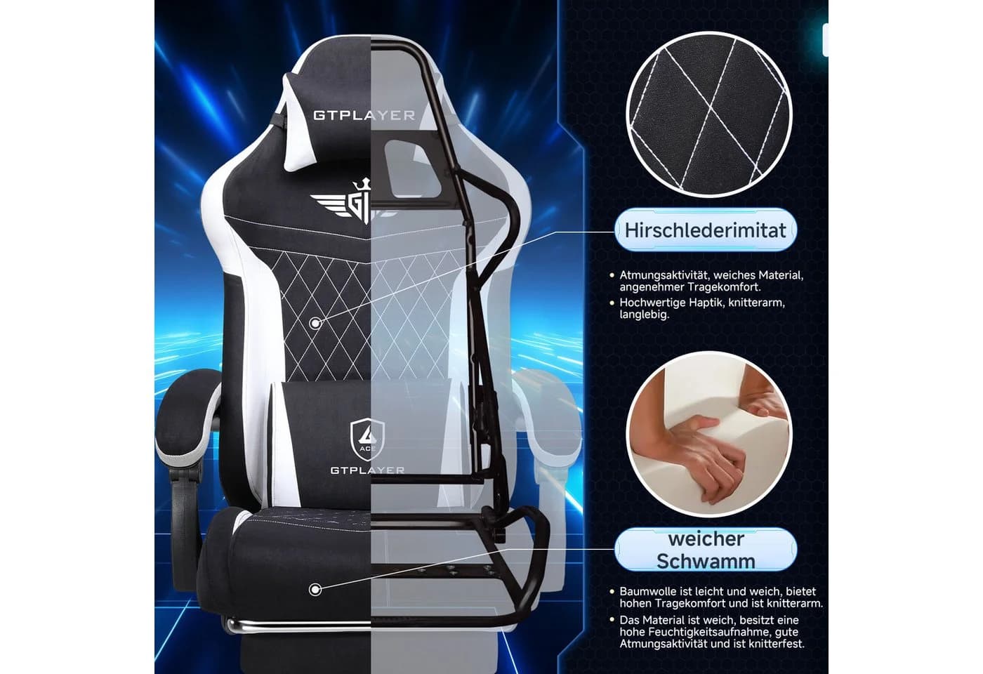GTPLAYER Gaming-Stuhl Schwarz Stoff Ergonomisch mit Fußstütze - Bild 5