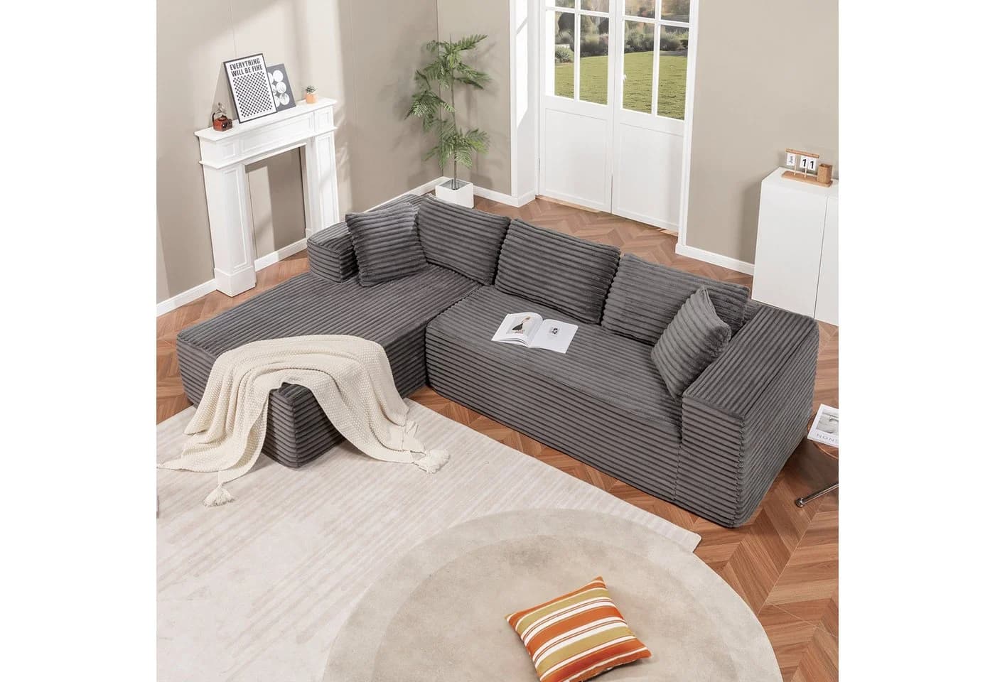 COMHOMA Big-Sofa L-Form Ecksofa Grau Cordstoff Schlafsofa