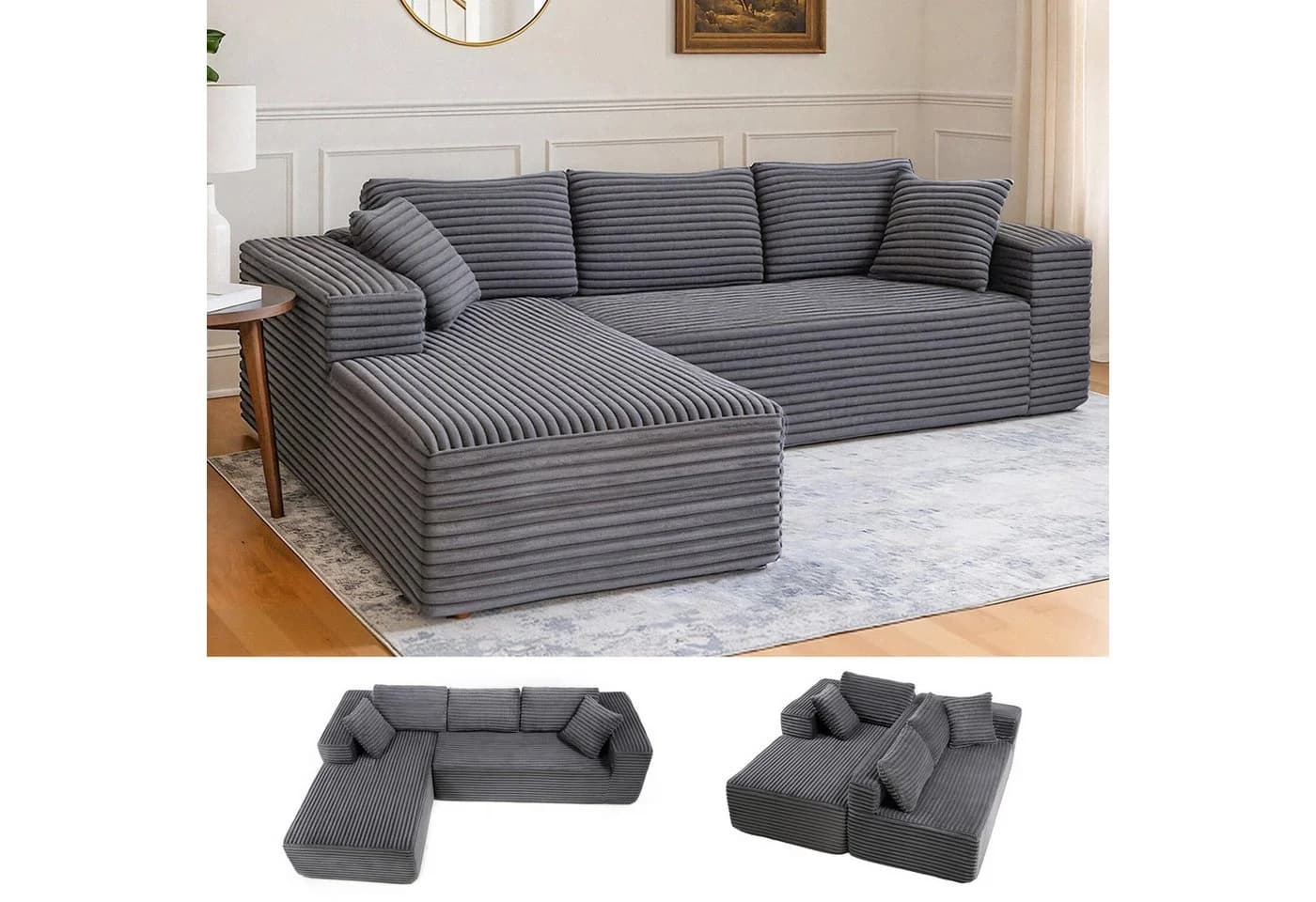 COMHOMA Big-Sofa L-Form Ecksofa Grau Cordstoff Schlafsofa - Bild 2
