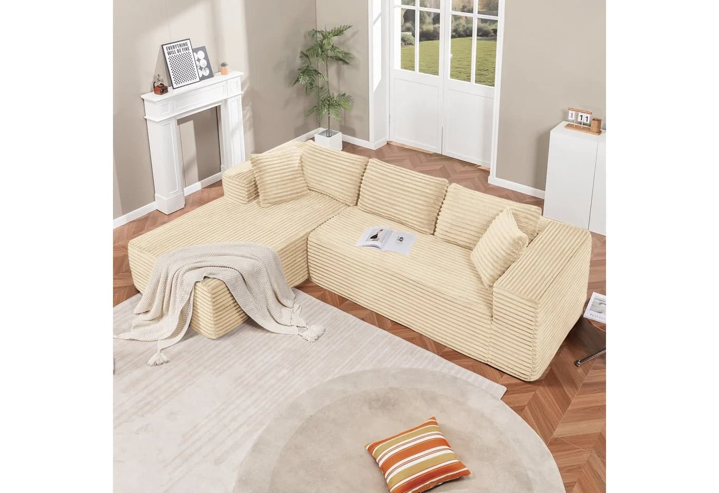 COMHOMA L-förmiges Sofa Big-Sofa Beige Cordstoff mit Schlafsofa-Funktion