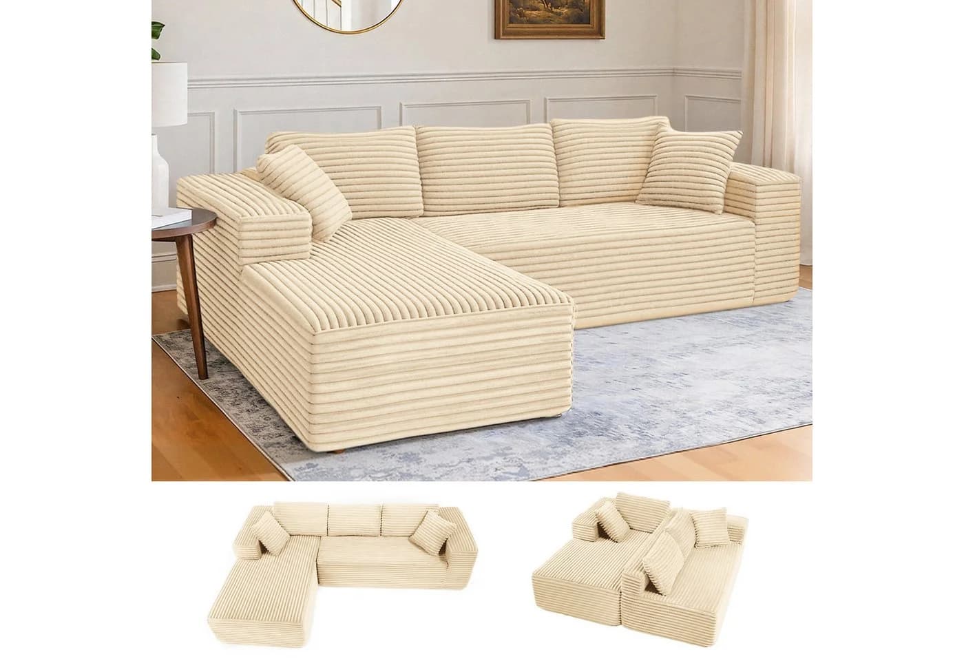 COMHOMA L-förmiges Sofa Big-Sofa Beige Cordstoff mit Schlafsofa-Funktion - Bild 2