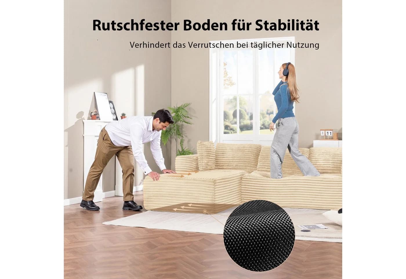 COMHOMA L-förmiges Sofa Big-Sofa Beige Cordstoff mit Schlafsofa-Funktion - Bild 4