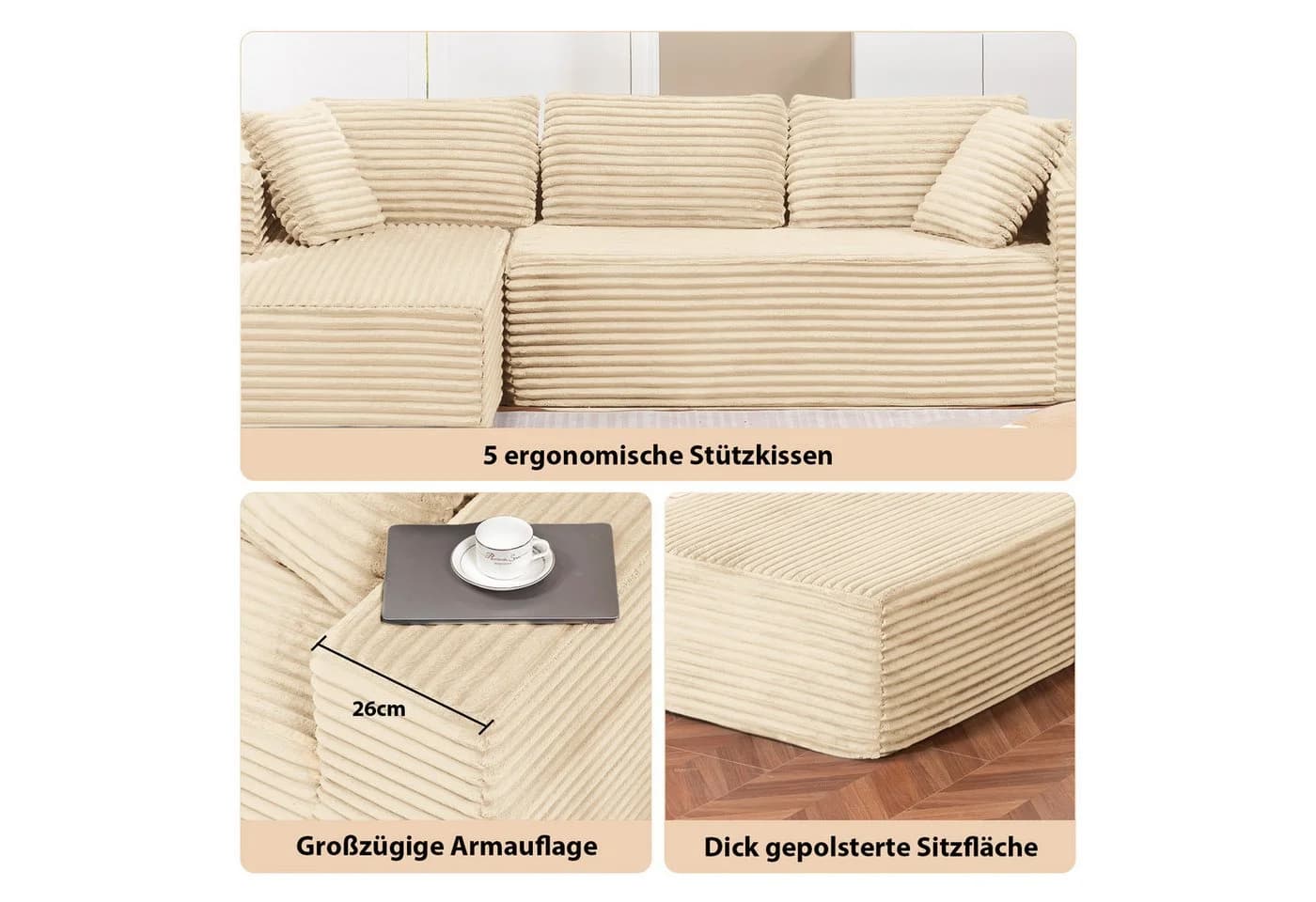 COMHOMA L-förmiges Sofa Big-Sofa Beige Cordstoff mit Schlafsofa-Funktion - Bild 5