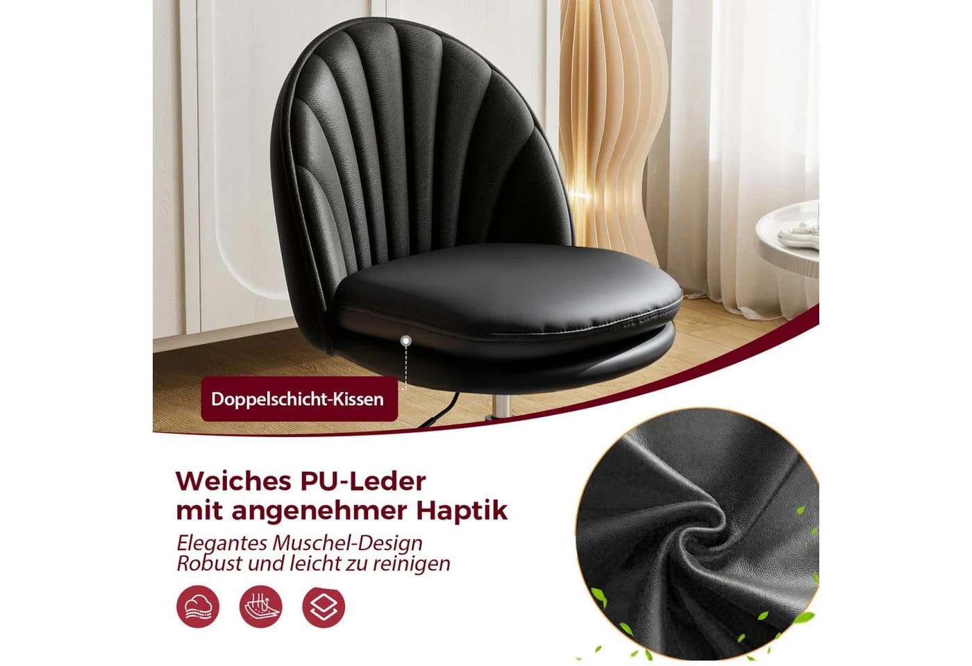 COMHOMA Bürostuhl ohne Armlehnen Schwarz höhenverstellbar mit Rollen - Bild 5