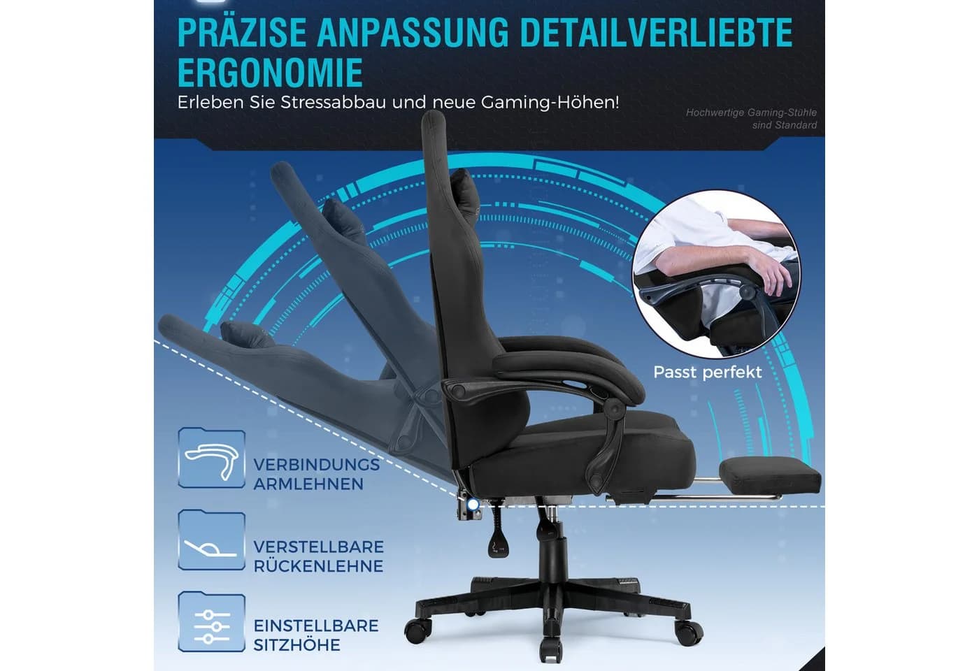 GTPLAYER Gaming-Stuhl Schwarz, Atmungsaktiver Stoff, 160° Verstellbar, Fußstütze