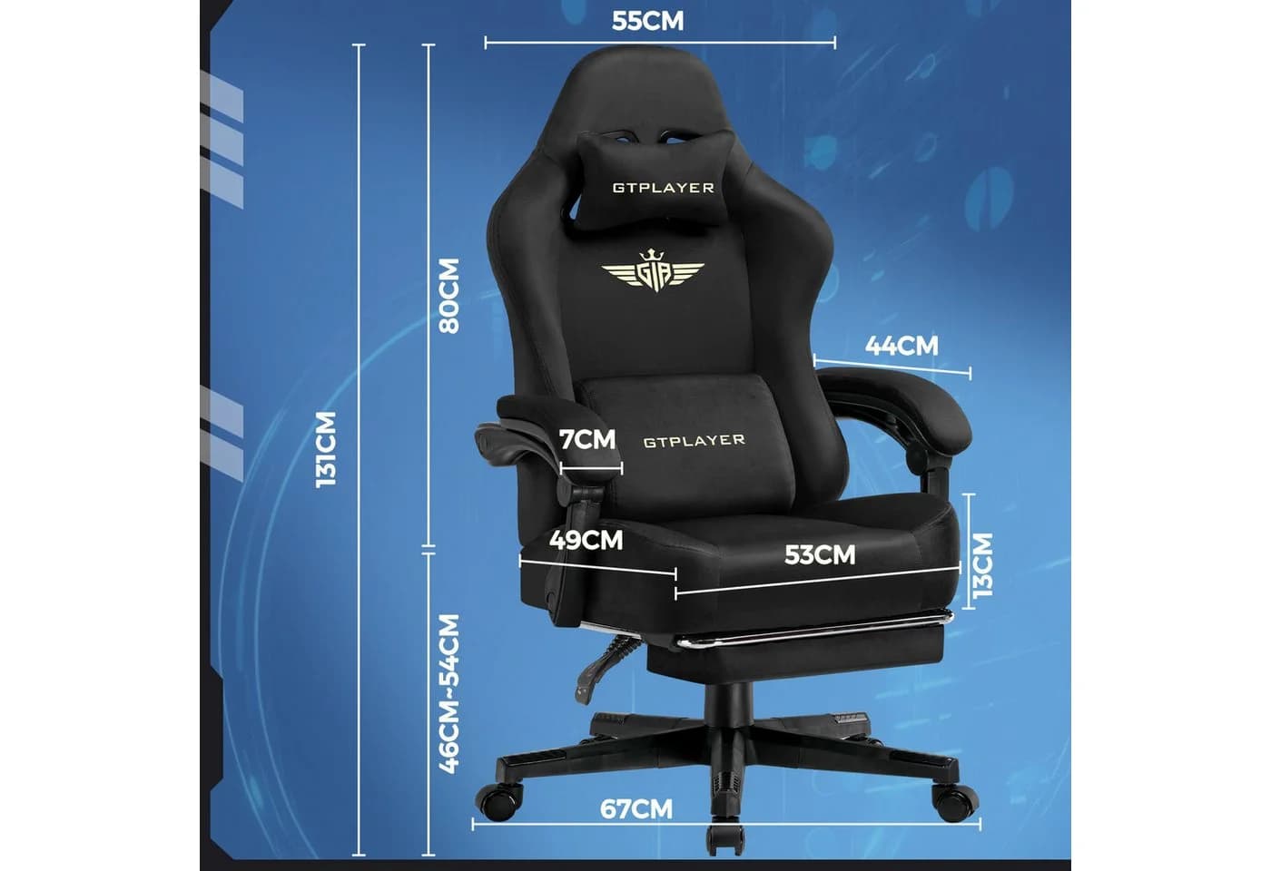 GTPLAYER Gaming-Stuhl Schwarz, Atmungsaktiver Stoff, 160° Verstellbar, Fußstütze - Bild 3