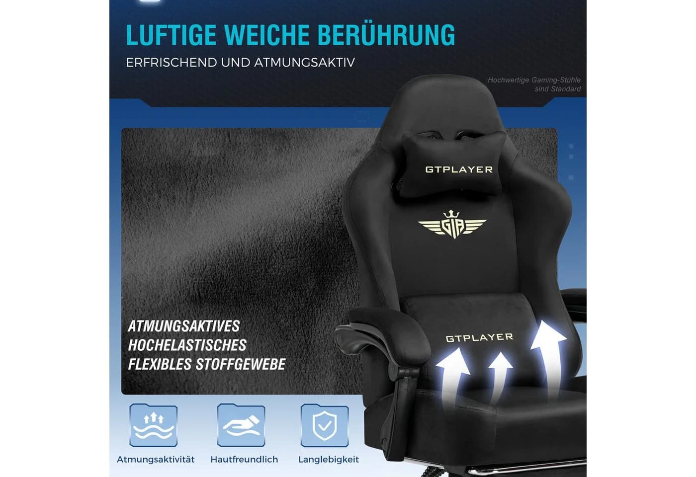 GTPLAYER Gaming-Stuhl Schwarz, Atmungsaktiver Stoff, 160° Verstellbar, Fußstütze - Bild 5