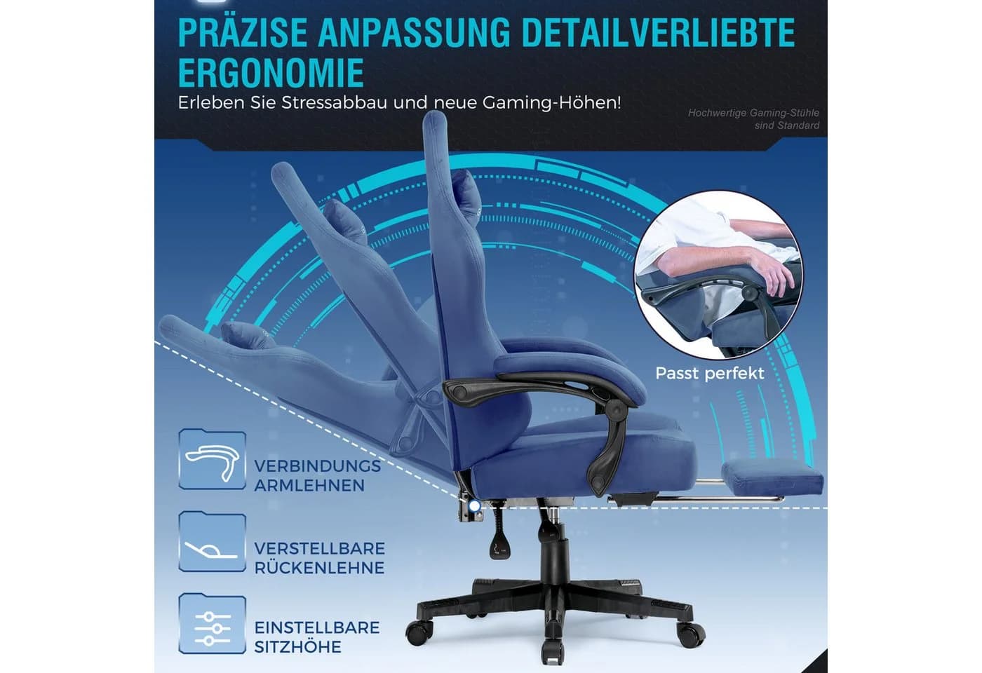 GTPLAYER Gaming-Stuhl Blau Stoff Ergonomisch mit Fußstütze