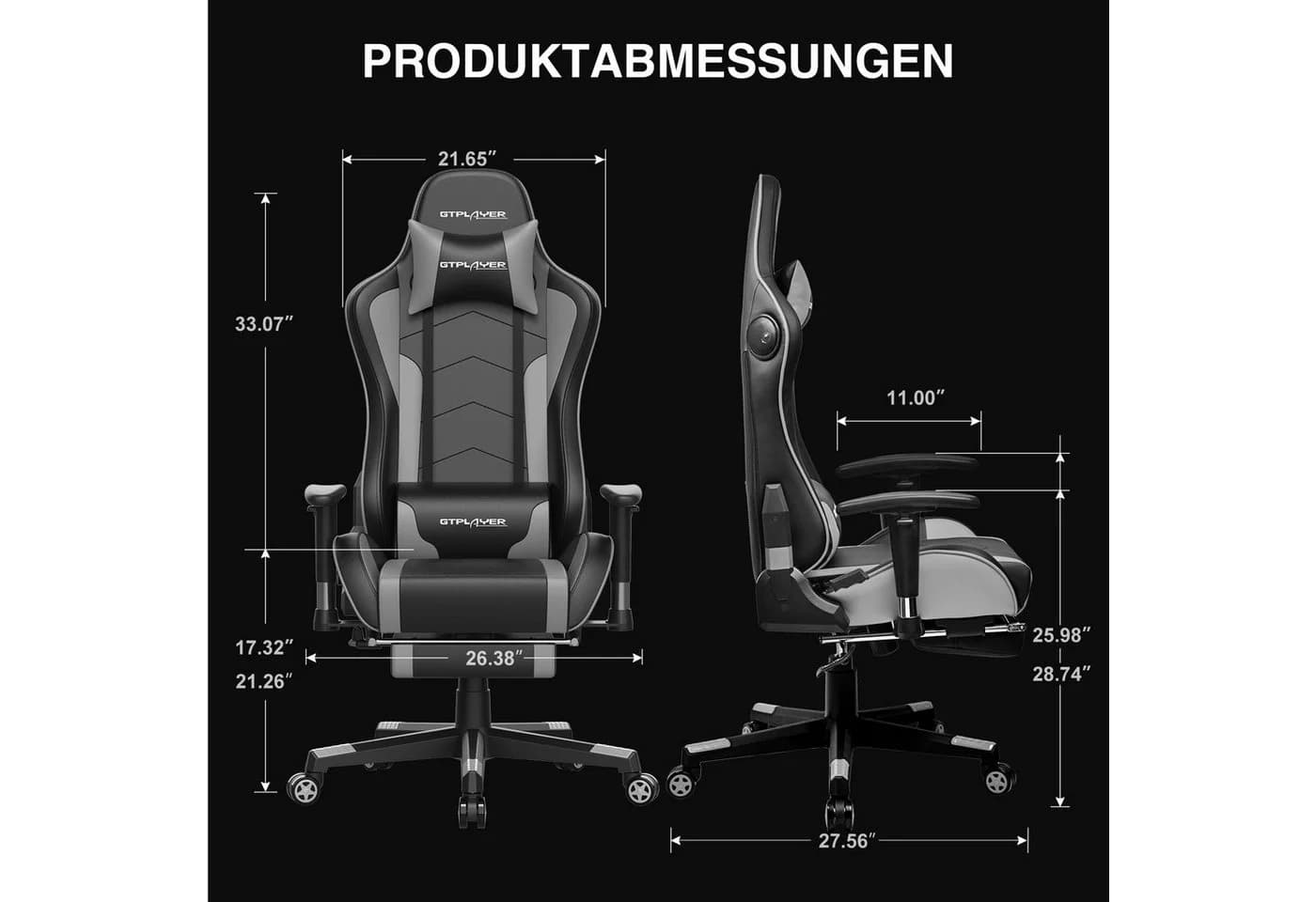 GTPLAYER Gaming-Stuhl Grau mit Bluetooth Lautsprecher und Fußstütze - Bild 3