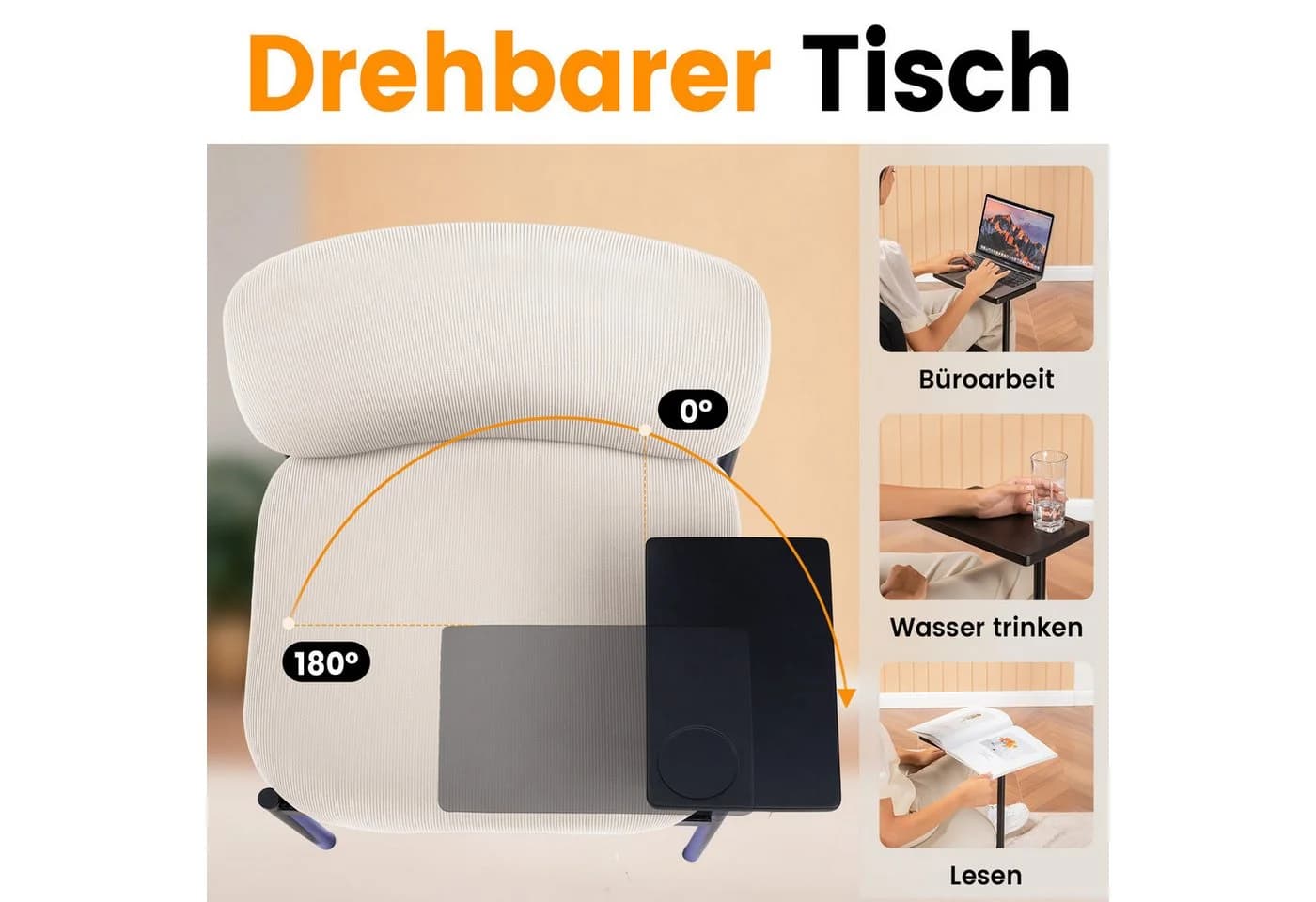 LUCKRACER Loungesessel Beige mit Metallbeinen und drehbarer Tischplatte