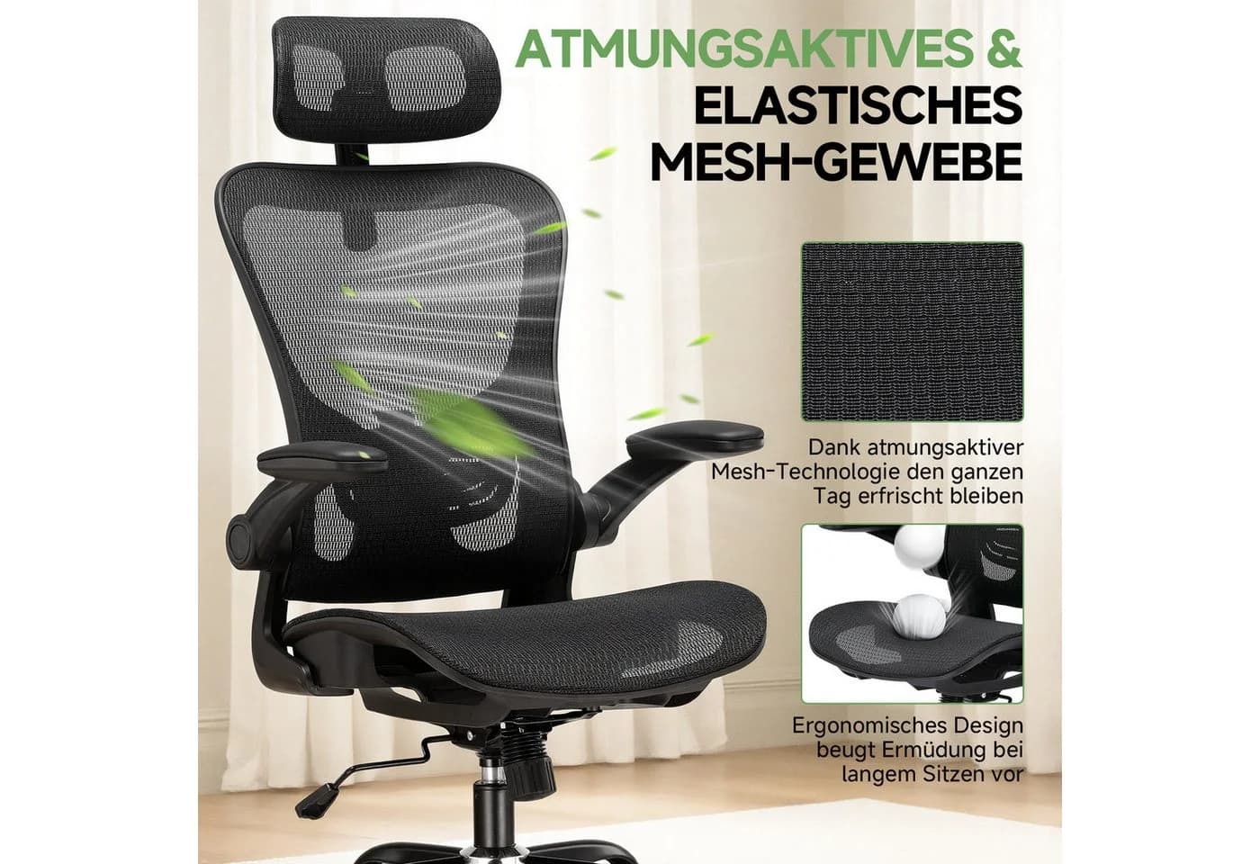 COMHOMA Bürostuhl Ergonomisch Schwarz mit Mesh und Wippfunktion - Bild 3