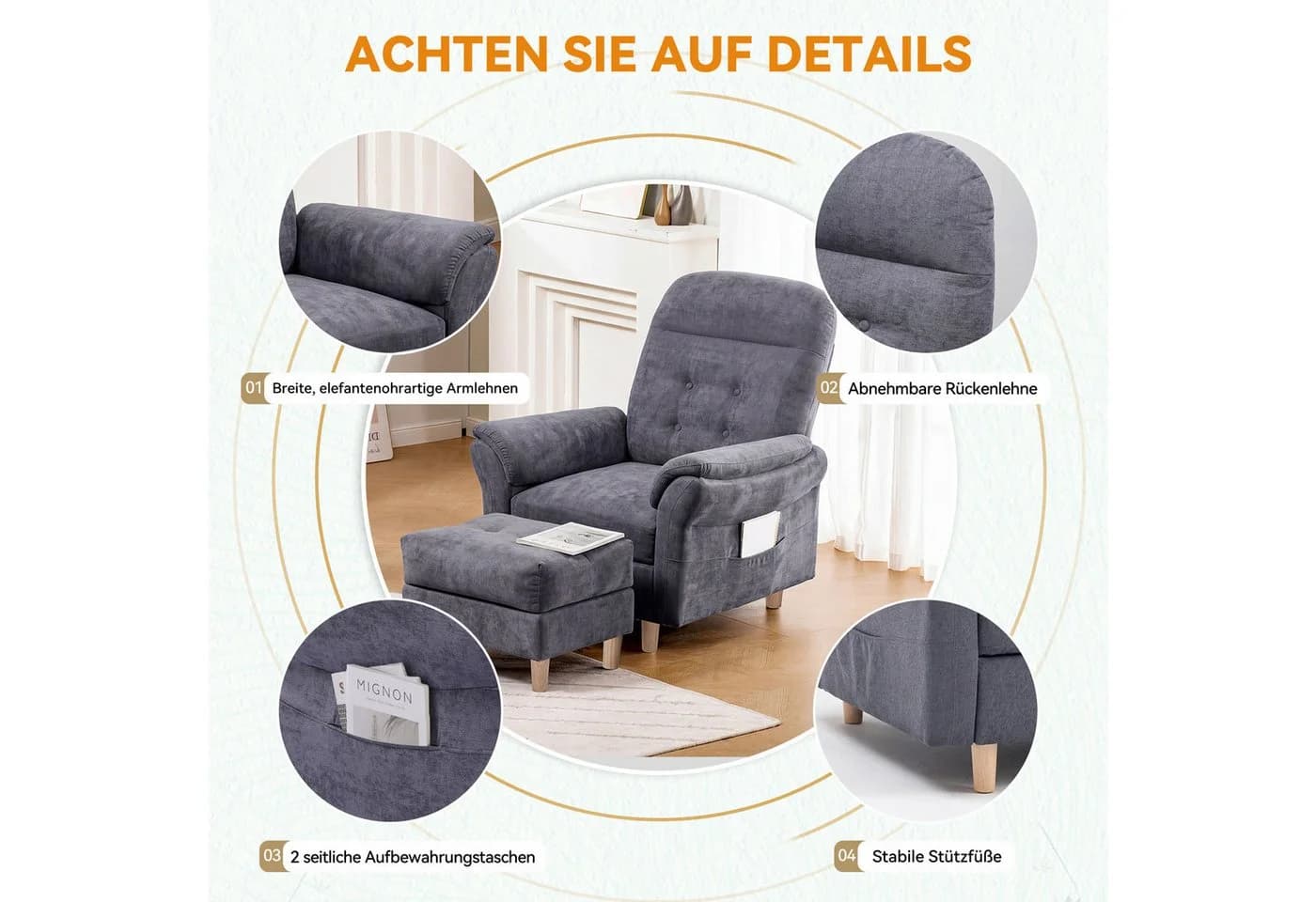 COMHOMA Relaxsessel mit Hocker Grau Verstellbare Rückenlehne - Bild 4