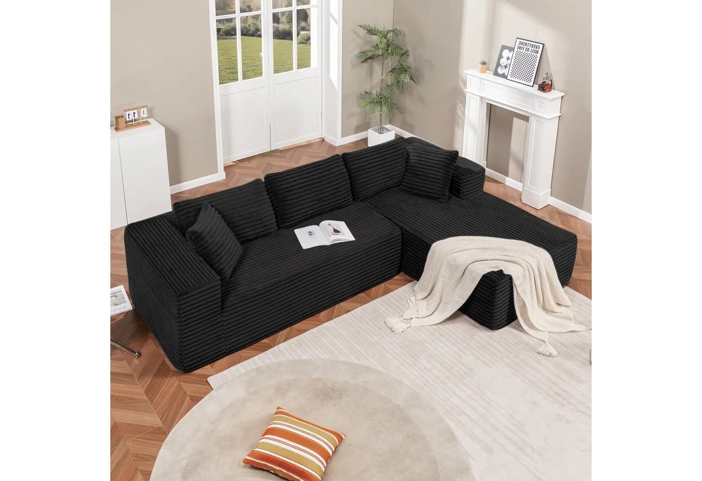 COMHOMA L-förmiges Sofa Big-Sofa Schwarz Cordstoff