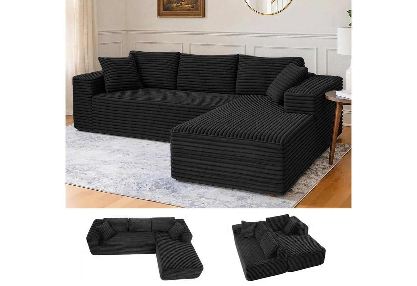 COMHOMA L-förmiges Sofa Big-Sofa Schwarz Cordstoff - Bild 2