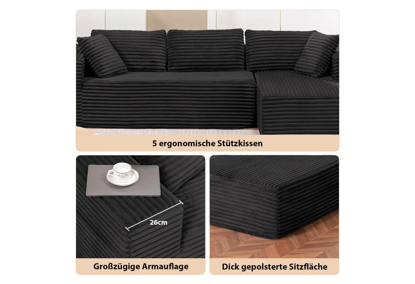 COMHOMA L-förmiges Sofa Big-Sofa Schwarz Cordstoff - Bild 5