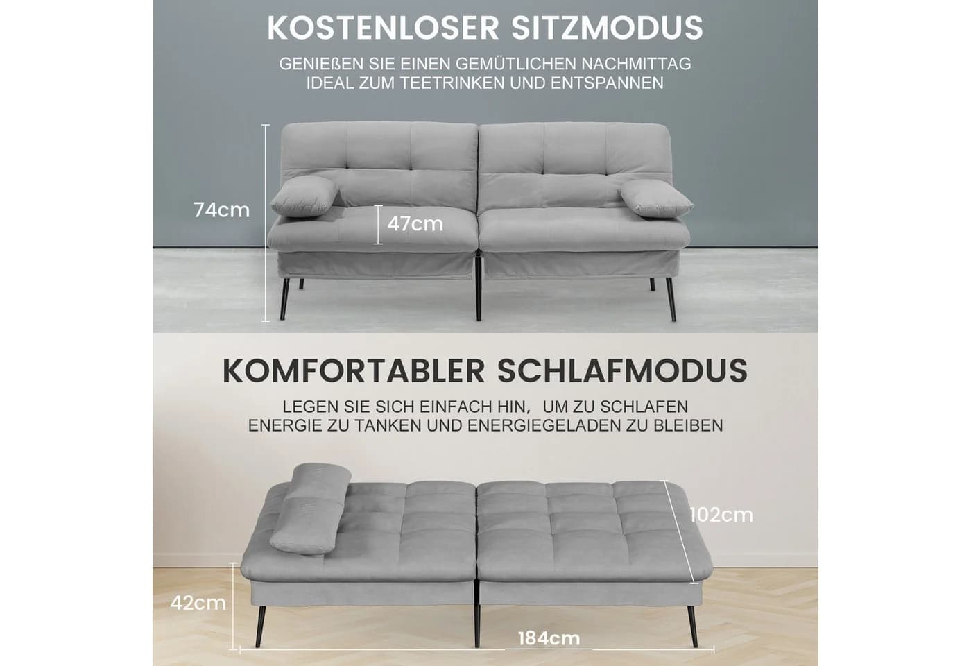 GTPLAYER Schlafsofa Grau mit Schlaffunktion und Schubladen - Bild 5