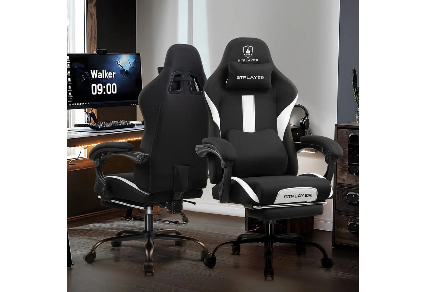 GTPLAYER Gaming-Stuhl Stoff Ergonomisch mit Fußstütze