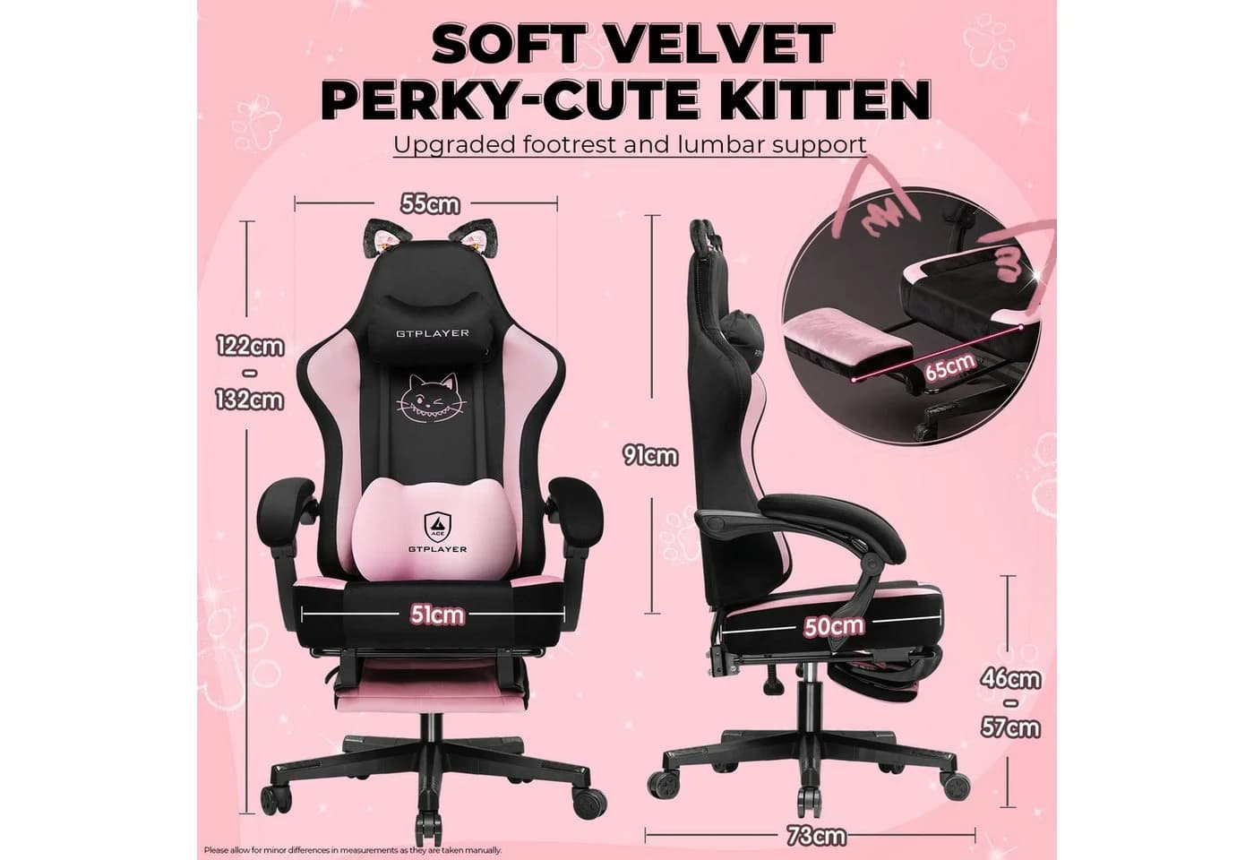 GTPLAYER Gaming-Stuhl Rosa/Schwarz mit Katzenohren & Fußstütze - Bild 3