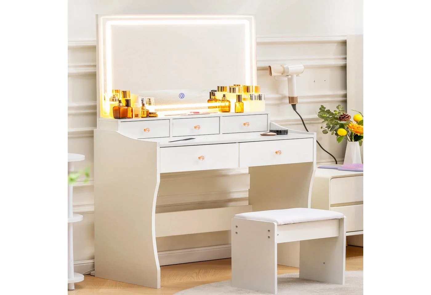 COMHOMA Schminktisch mit Spiegel LED 5 Schubladen Hocker - Bild 2