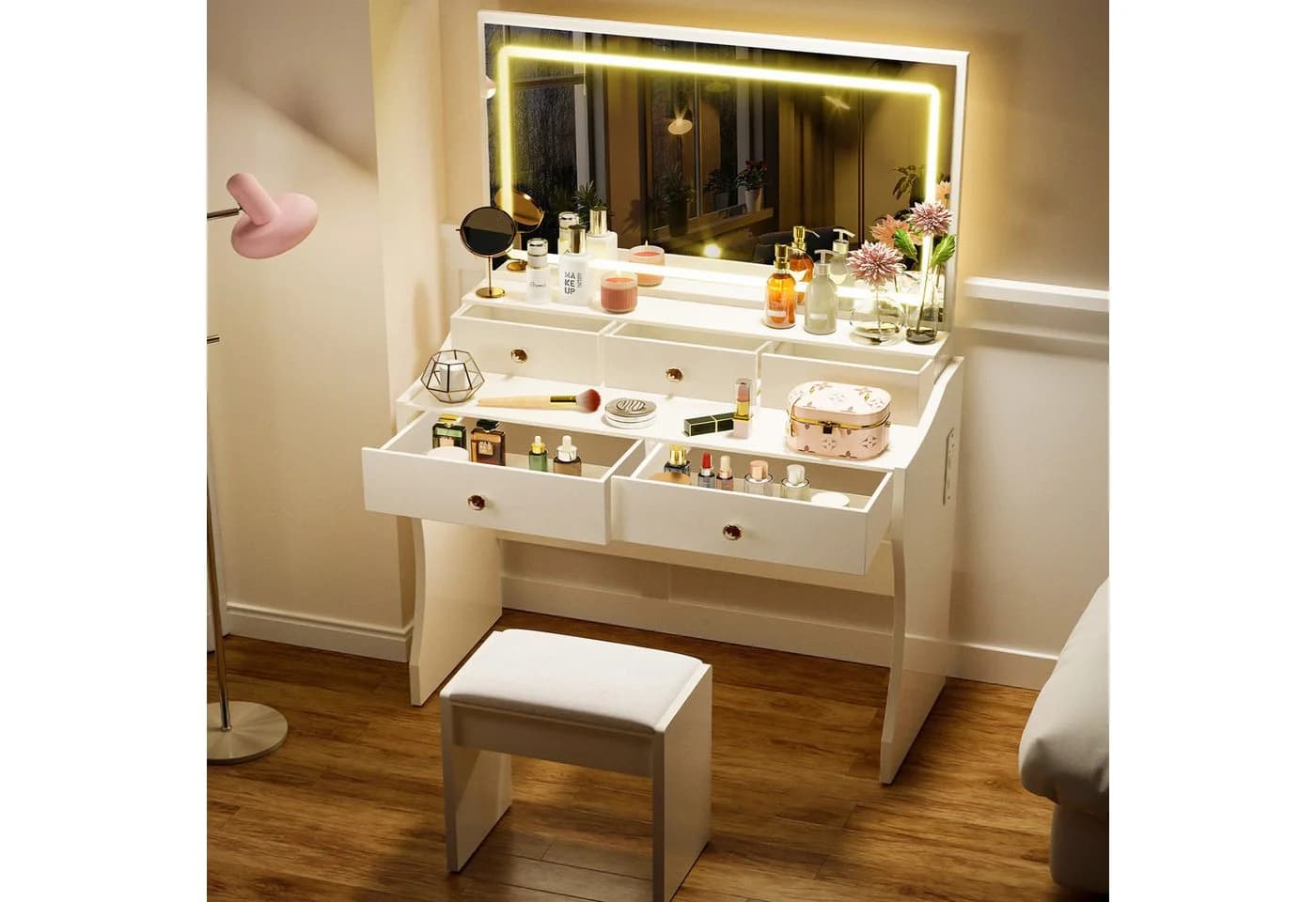 COMHOMA Schminktisch mit Spiegel LED 5 Schubladen Hocker - Bild 3
