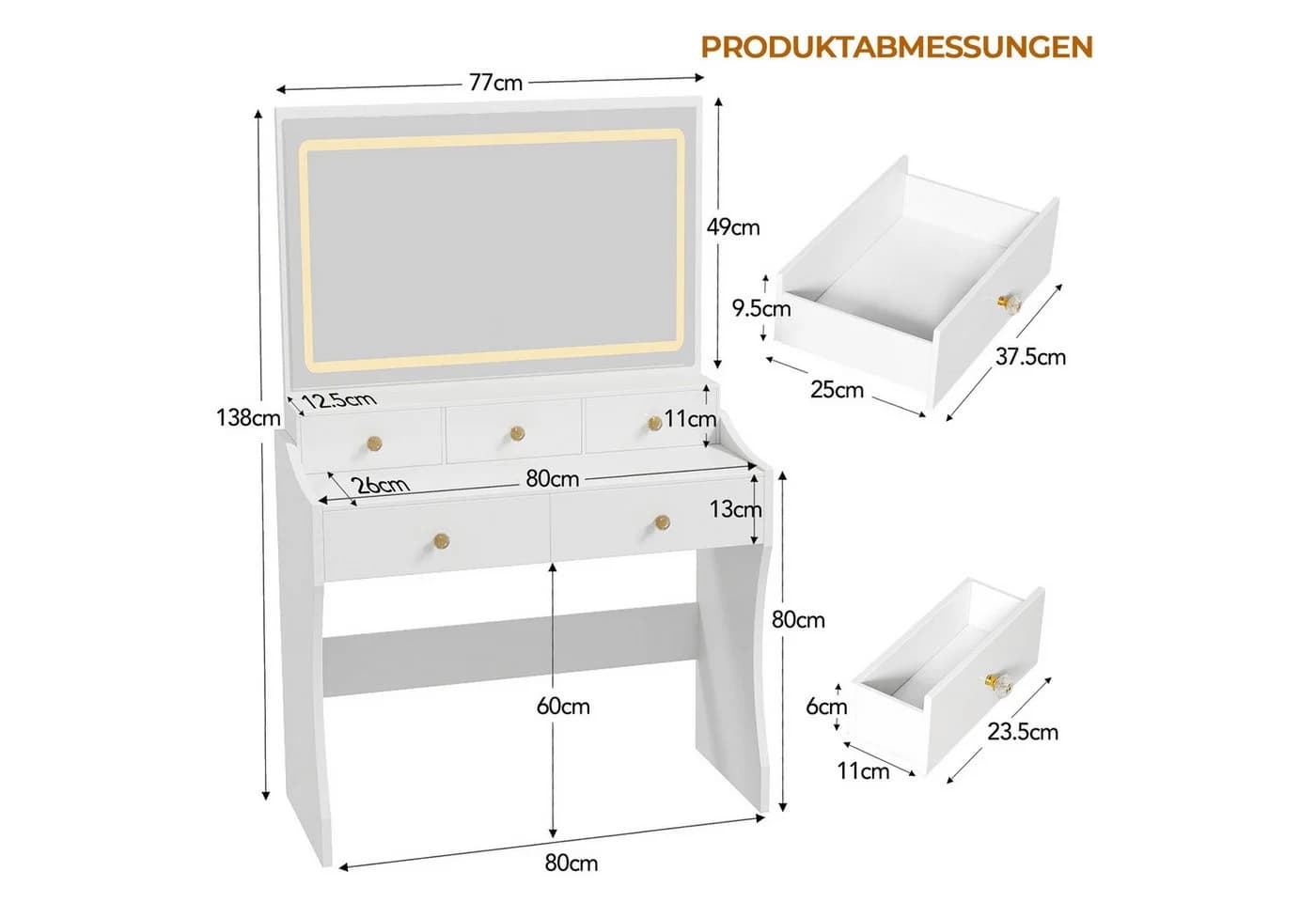 COMHOMA Schminktisch mit Spiegel LED 5 Schubladen Hocker - Bild 5