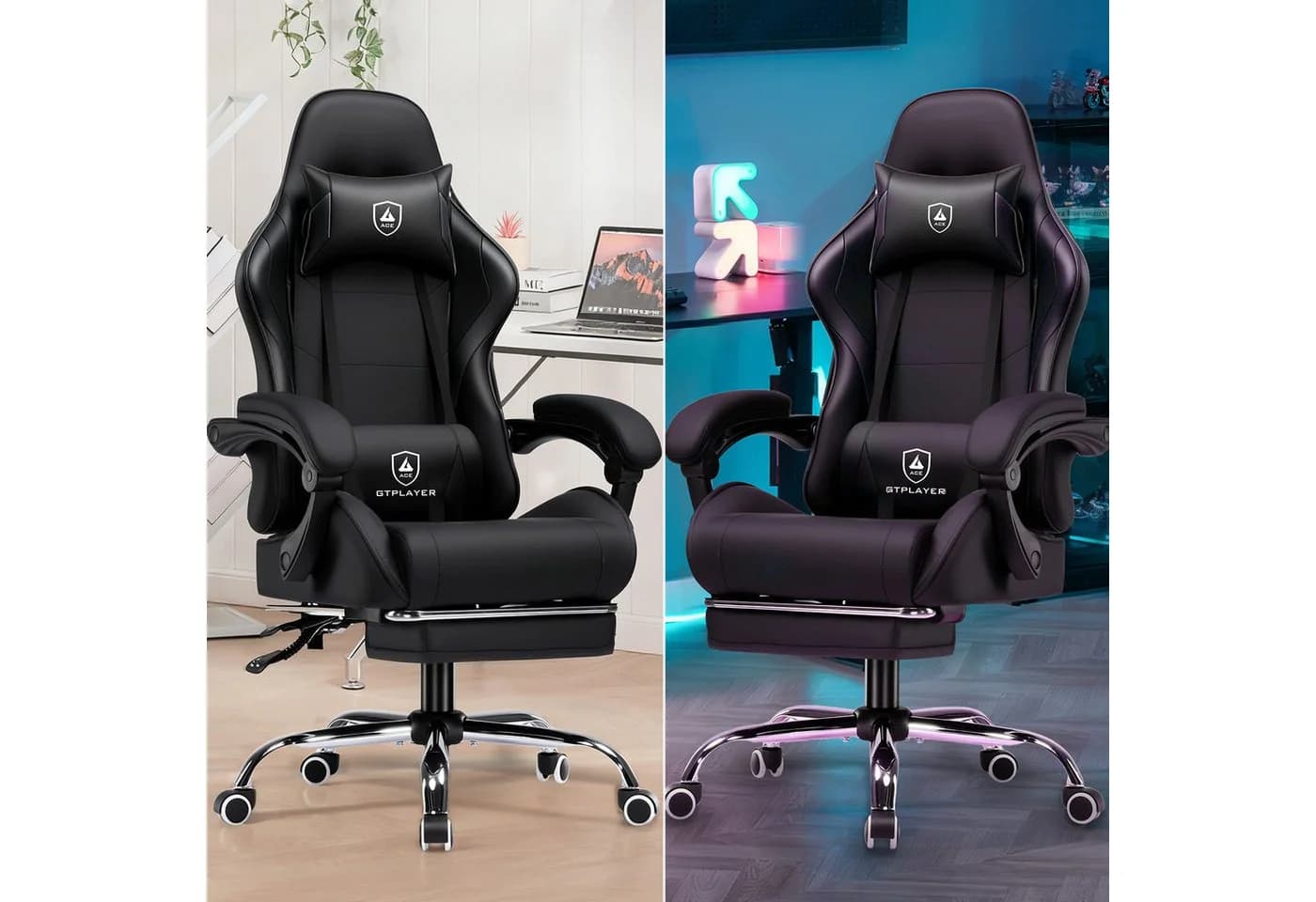 GTPLAYER Gaming-Stuhl Ergonomisch mit Massagefunktion und Fußstütze Schwarz