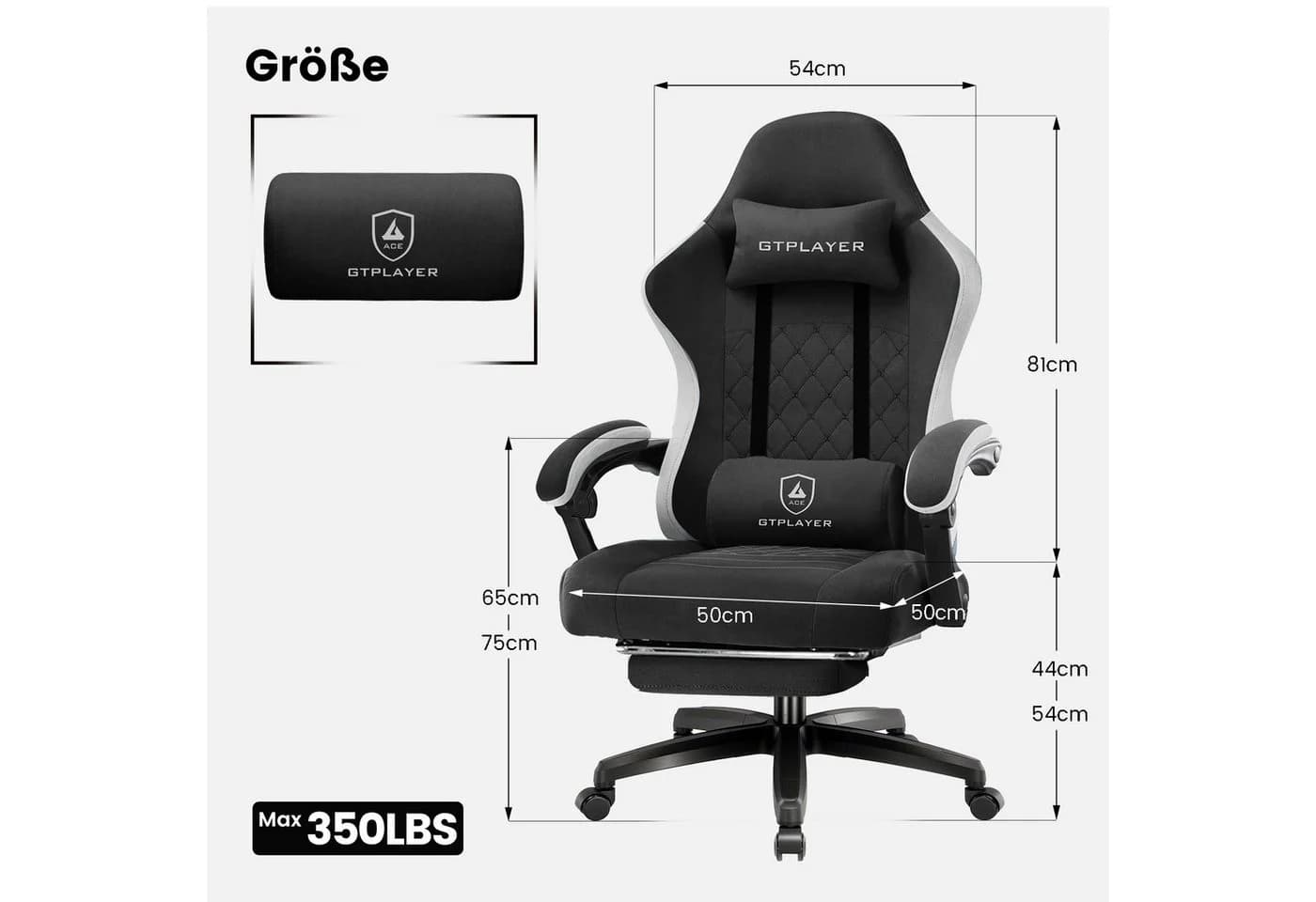 GTPLAYER Gaming-Stuhl Stoff Schwarz mit Fußstütze und 135° Relax-Funktion