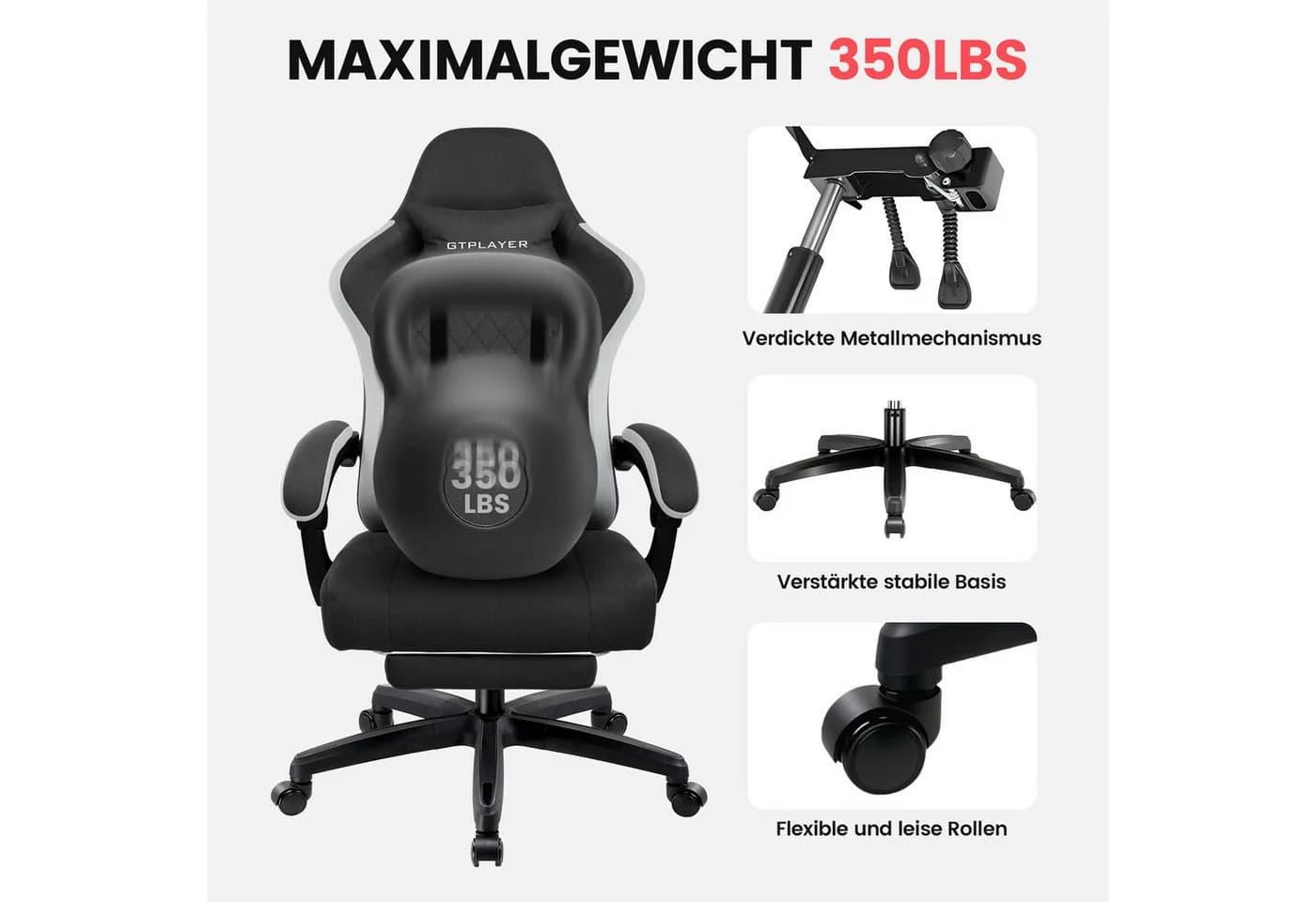 GTPLAYER Gaming-Stuhl Stoff Schwarz mit Fußstütze und 135° Relax-Funktion - Bild 3