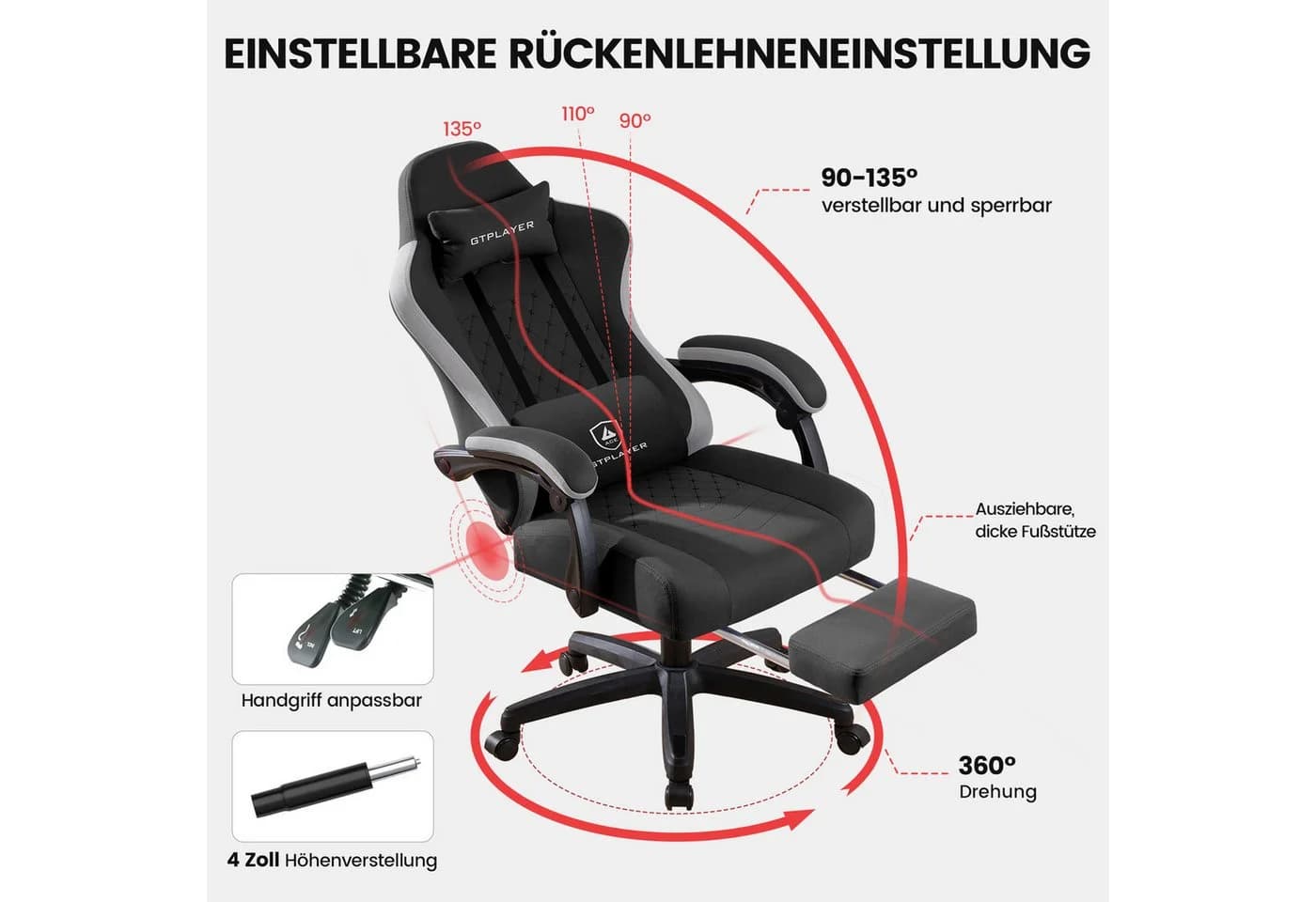 GTPLAYER Gaming-Stuhl Stoff Schwarz mit Fußstütze und 135° Relax-Funktion - Bild 5