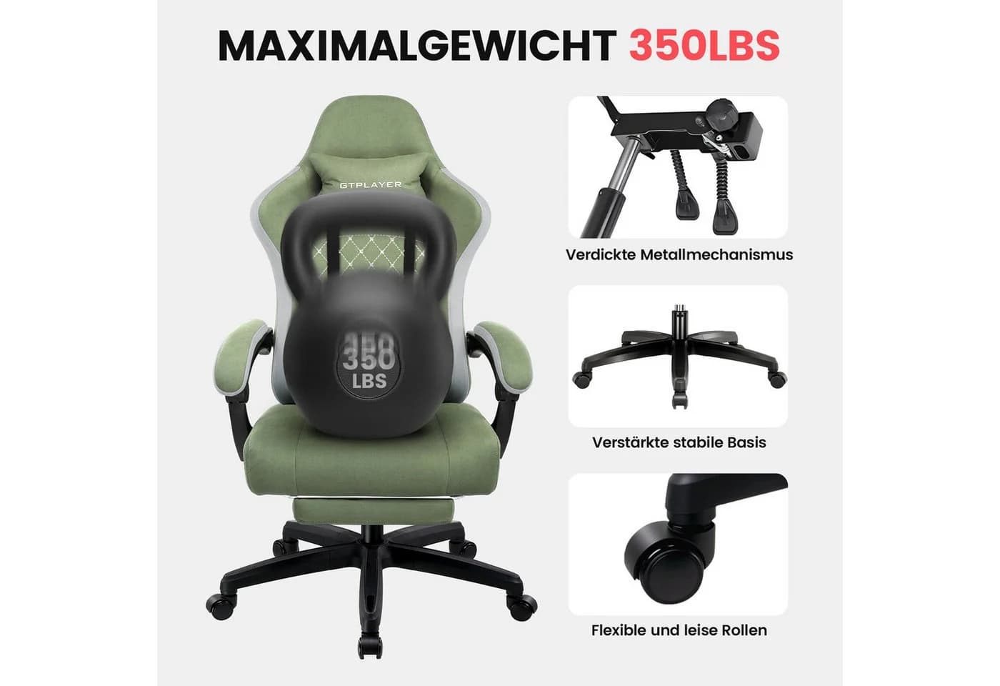 GTPLAYER Gaming-Stuhl Stoff Grün mit Fußstütze & Relax-Funktion - Bild 3