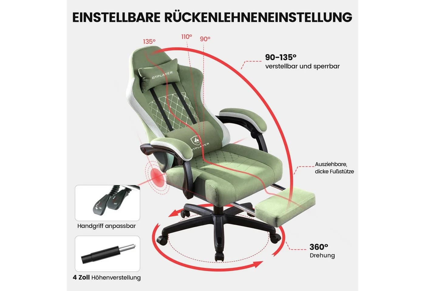 GTPLAYER Gaming-Stuhl Stoff Grün mit Fußstütze & Relax-Funktion - Bild 5