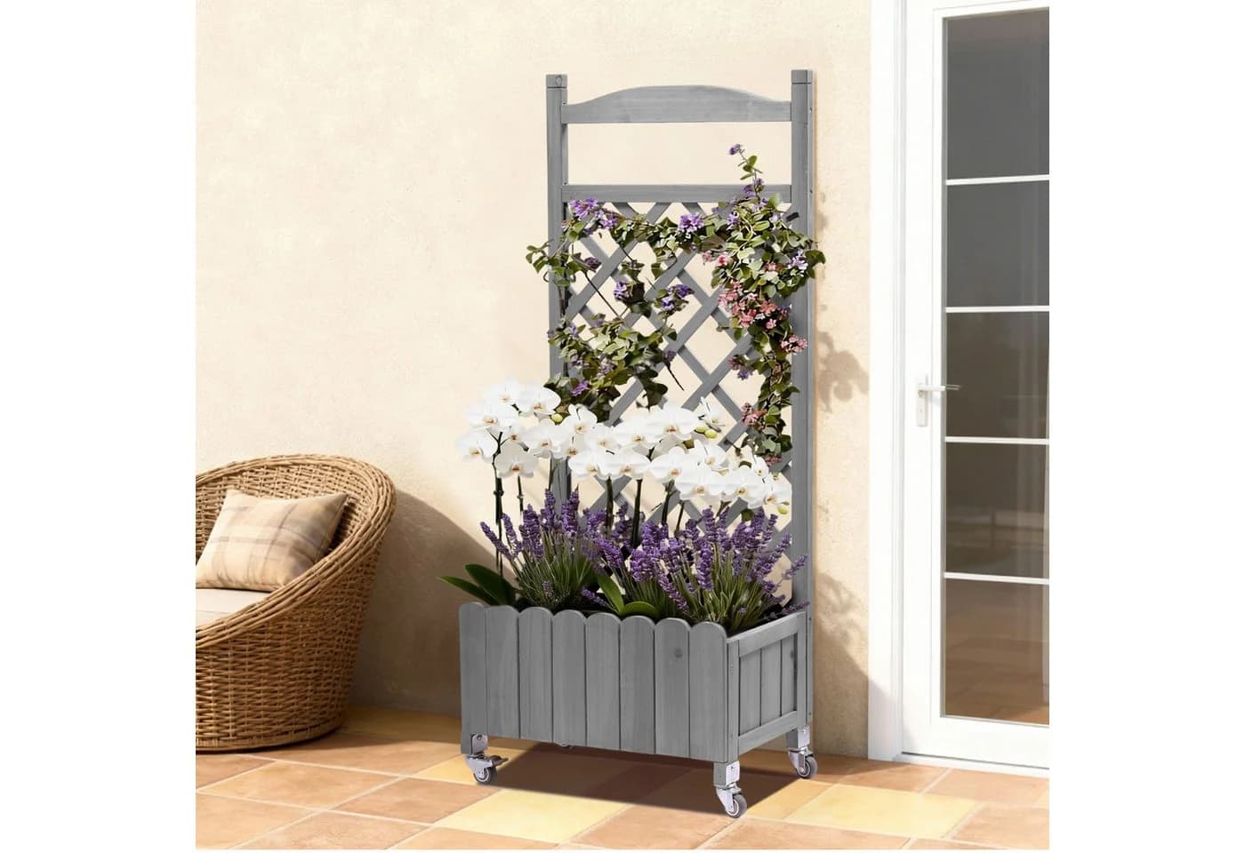 COMHOMA Blumenkasten Rankgitter Grau Holz mit Rollen