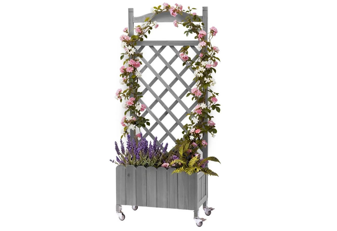 COMHOMA Blumenkasten Rankgitter Grau Holz mit Rollen - Bild 2