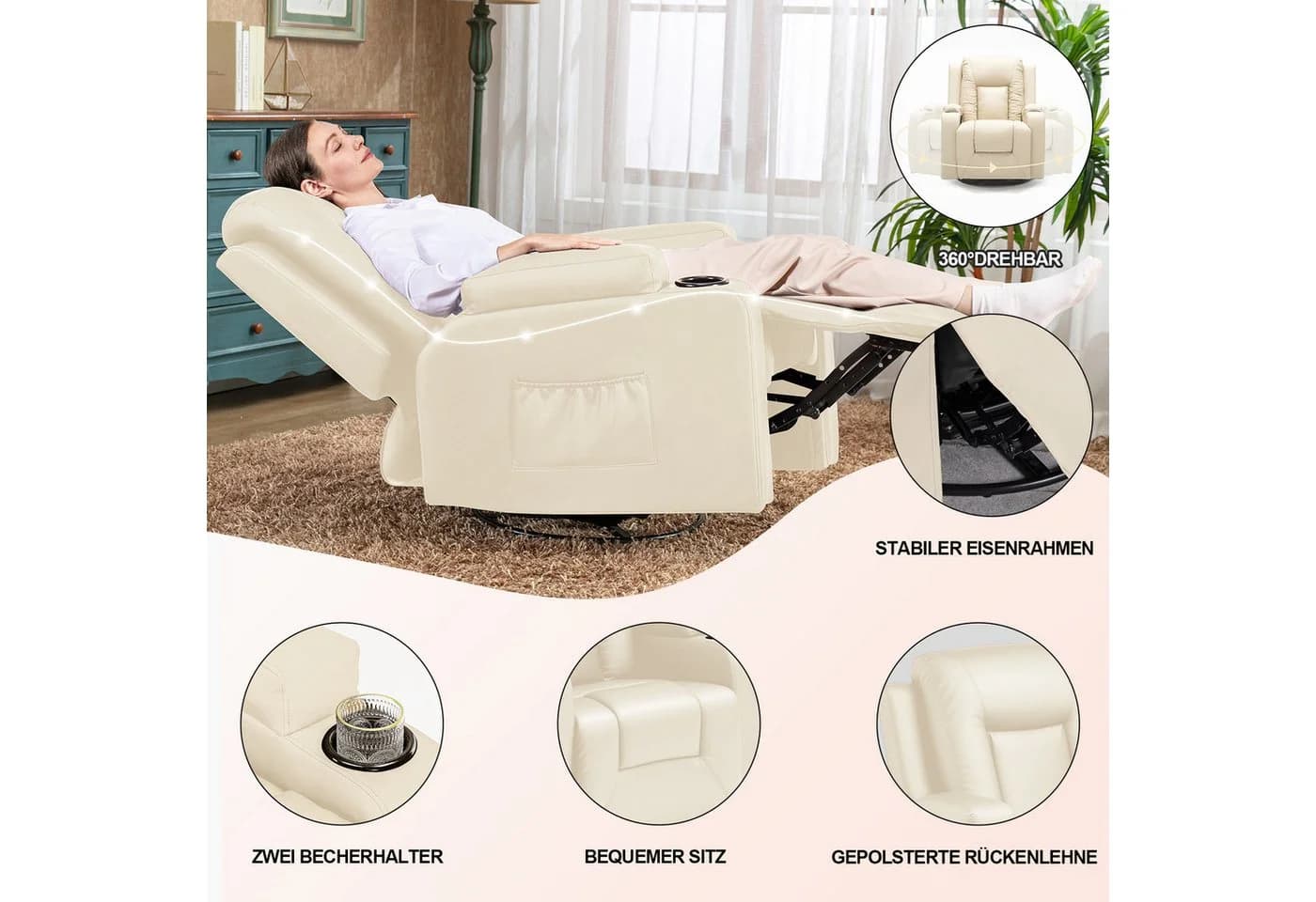 COMHOMA Relaxsessel TV-Sessel Weiß mit Liegefunktion und Wippfunktion - Bild 5