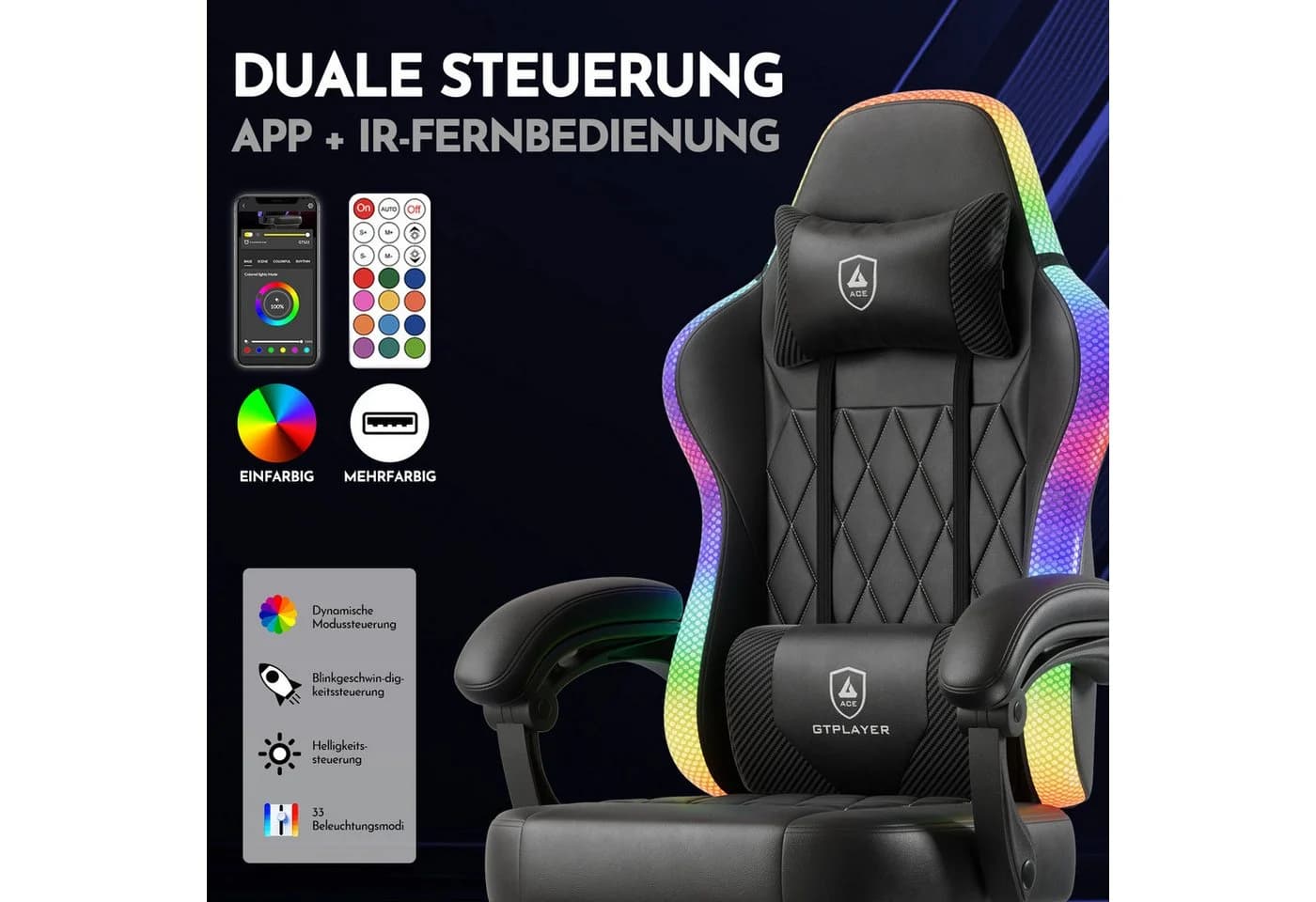 GTPLAYER Gaming-Stuhl mit LED Lichtleiste und Fußstütze - Bild 3