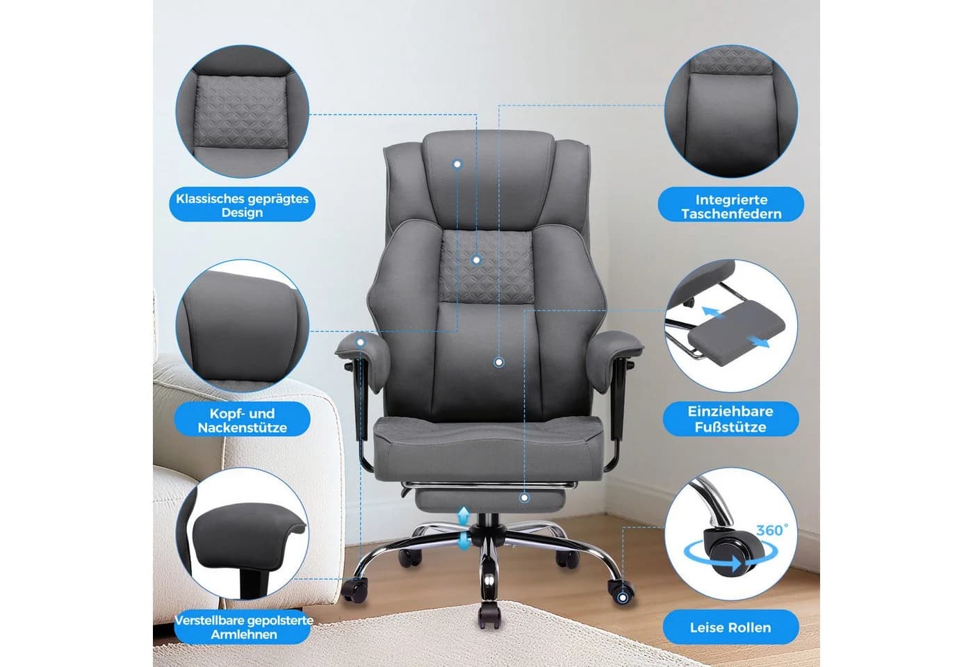 GTPLAYER Gaming-Stuhl Grau Ergonomisch bis 180 kg mit Fußstütze - Bild 3