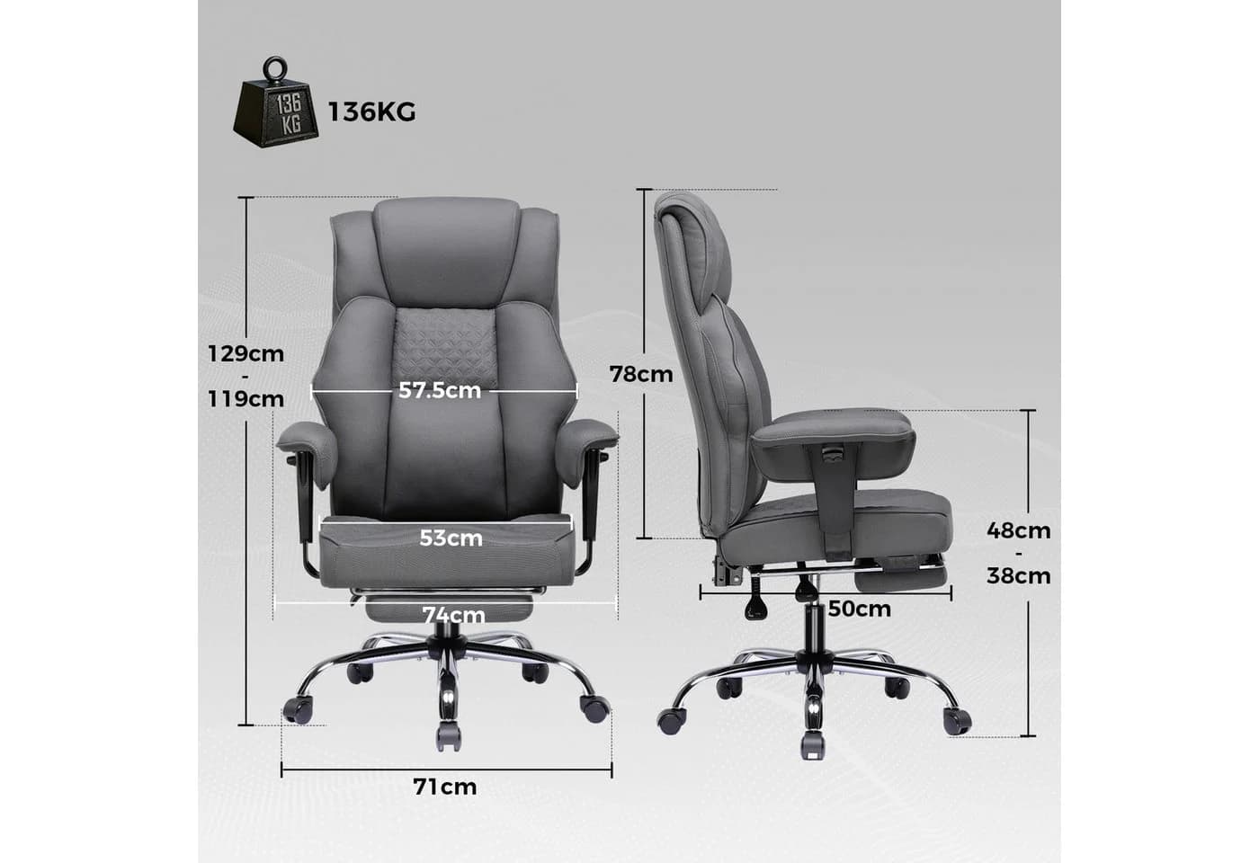 GTPLAYER Gaming-Stuhl Grau Ergonomisch bis 180 kg mit Fußstütze - Bild 5
