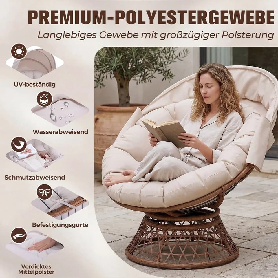 COMHOMA Papasansessel mit Sonnenschutz & Kissen Beige